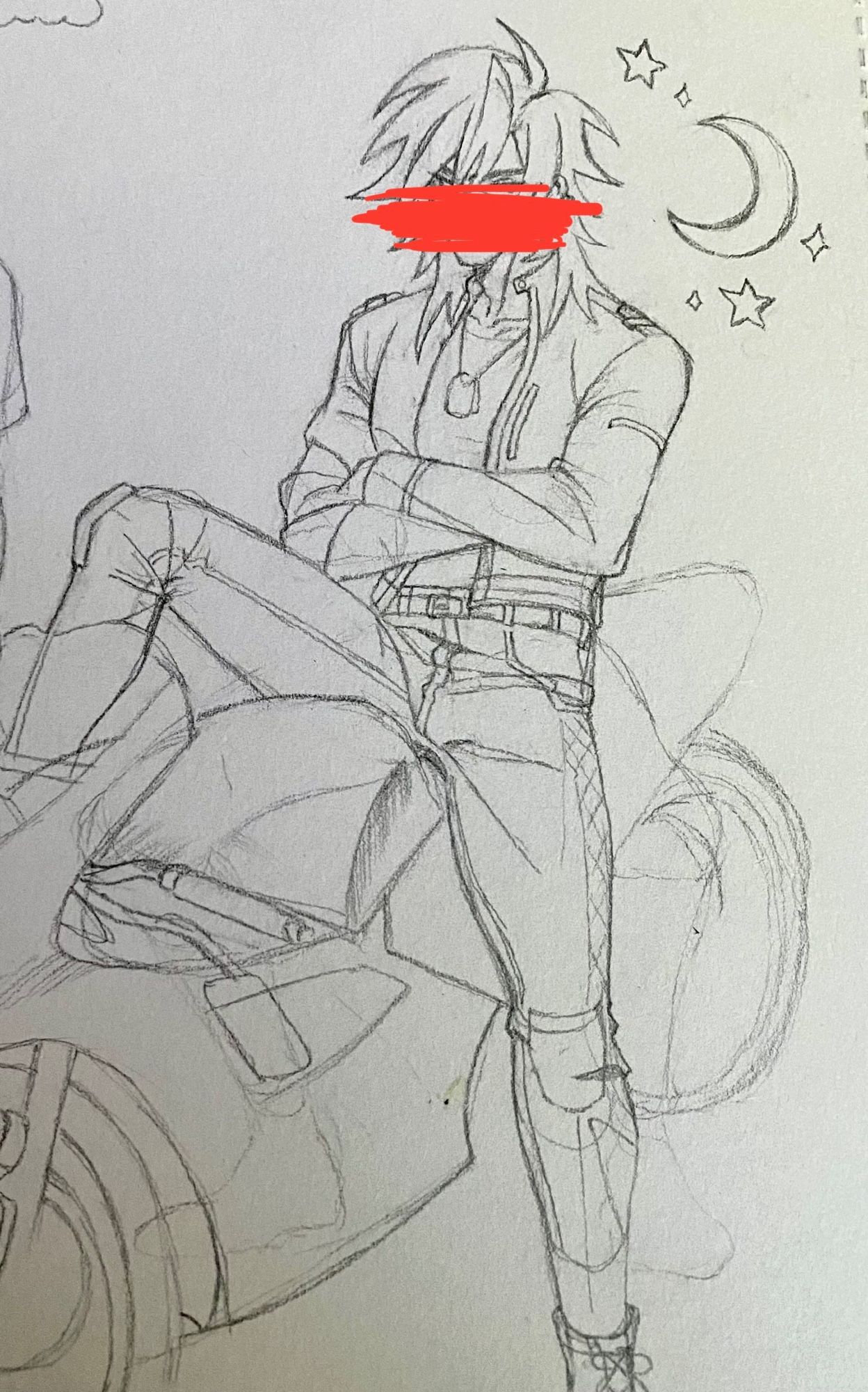 A drawing of Makina sitting on his sportbike, arms crossed, with one foot resting against his bike while the other supports his weight on the ground. He’s wearing an unzipped leather jacket, a t-shirt, and and leather pants. His face is crossed out digitally with a red marker.