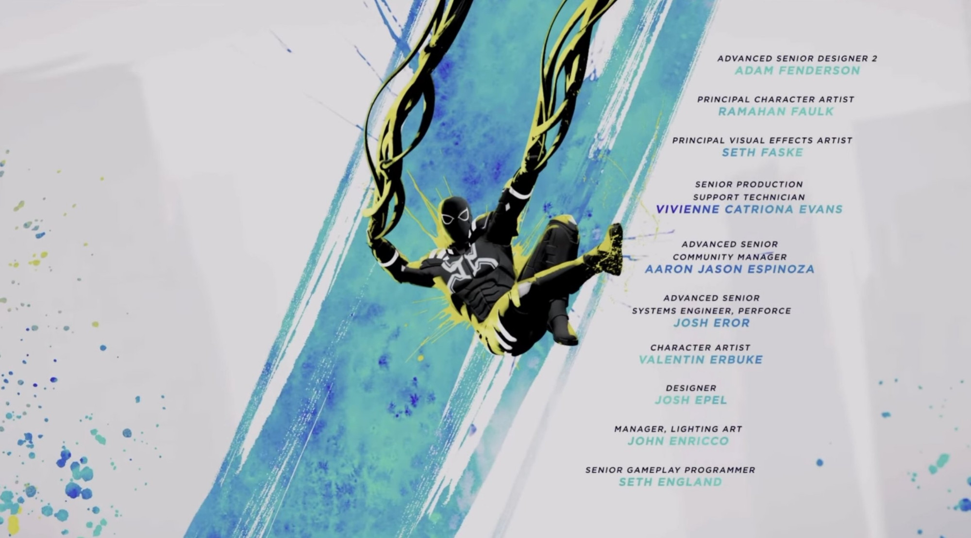 Harry symbiote swings in the credits of Marvel's Spider-Man 2. My name is placed next to him as "Advanced Senior Community Manager."