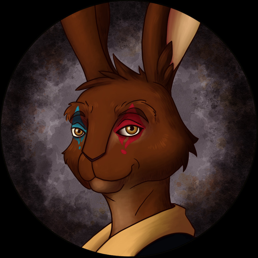 A digital art player token. It depicts a harengon named Renjith. His design is roughly based on a swamp rabbit, so he’s mostly brown with some lighter patches on the neck and darker fur on the tips. He has blue and red diamonds painted over his eyelids. He looks a little smug/cocky, or as one party member described it, “[He] is giving me the ‘clearly you dont own an air fryer’ look.”