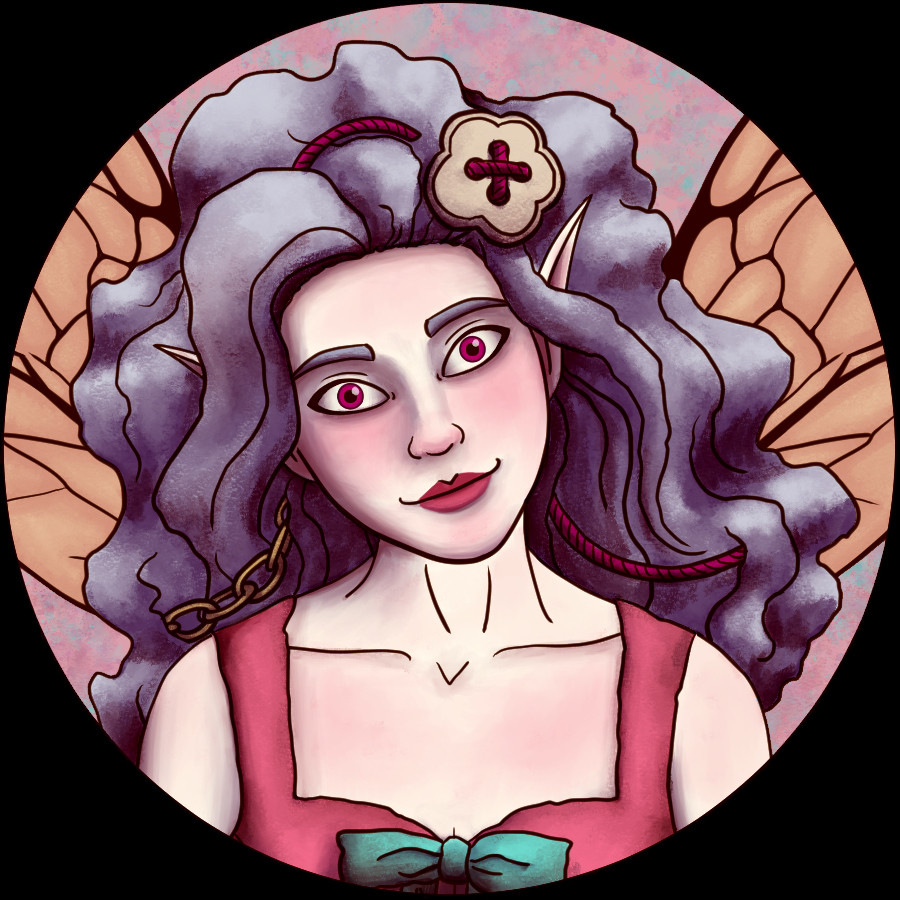 A player token for DnD. It’s a digital art piece. It depicts a fairy named Heartstring. She has pale skin, bumblebee-like wings, and frizzy, matted silver hair with pieces of a necklace and a button sewn in to demonstrate her small size. She’s smiling, but her eyes are wide and a little scary. 