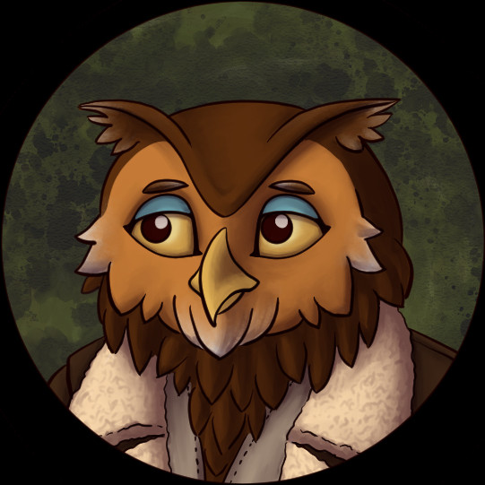 Another digital art player token. It depicts an Owlin named Allan. He is darker brown with a light brown face, and the edges of his feathers are graying to show his age. His eyes are yellow with blue eyeshadow. He’s looking pretty down, but you would too if you got some deeply troubling news about your dead wife that made you start drinking again.