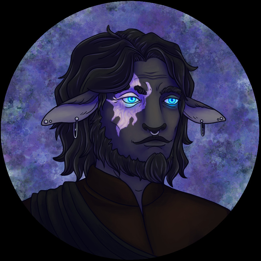 Another digital art player token. It depicts Darius, a Critical Role style firbolg with cow-like features. His skin is dark gray and his hair is black and graying. He has a large scar over his right eye which also damaged the eyebrow. He has several silver piercings in each ear along with a septum piercing. His eyes are faintly glowing blue. He ended up being much hotter than intended considering he’s like 200+ years old, but I decided to roll with it anyway.