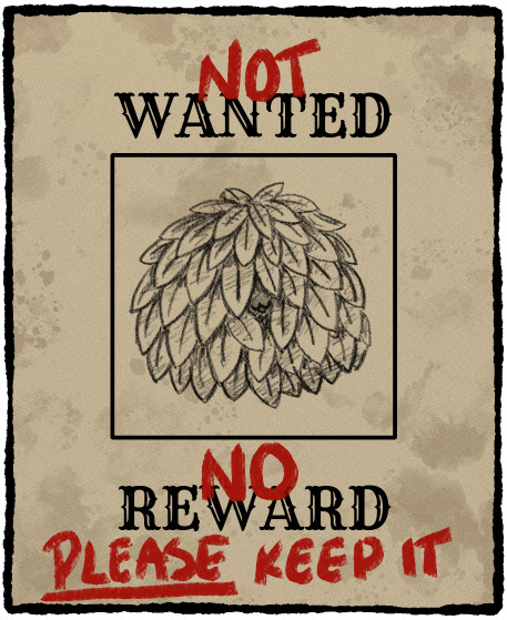 A digital drawing of a Wild West wanted poster. It looks like it originally said “WANTED” with a pencil-like drawing of a sentient bush with a tiny mouth, and “REWARD” under it. Someone has scribbled some extra words in red paint, so the sign instead reads, “NOT WANTED. NO REWARD. PLEASE KEEP IT.”