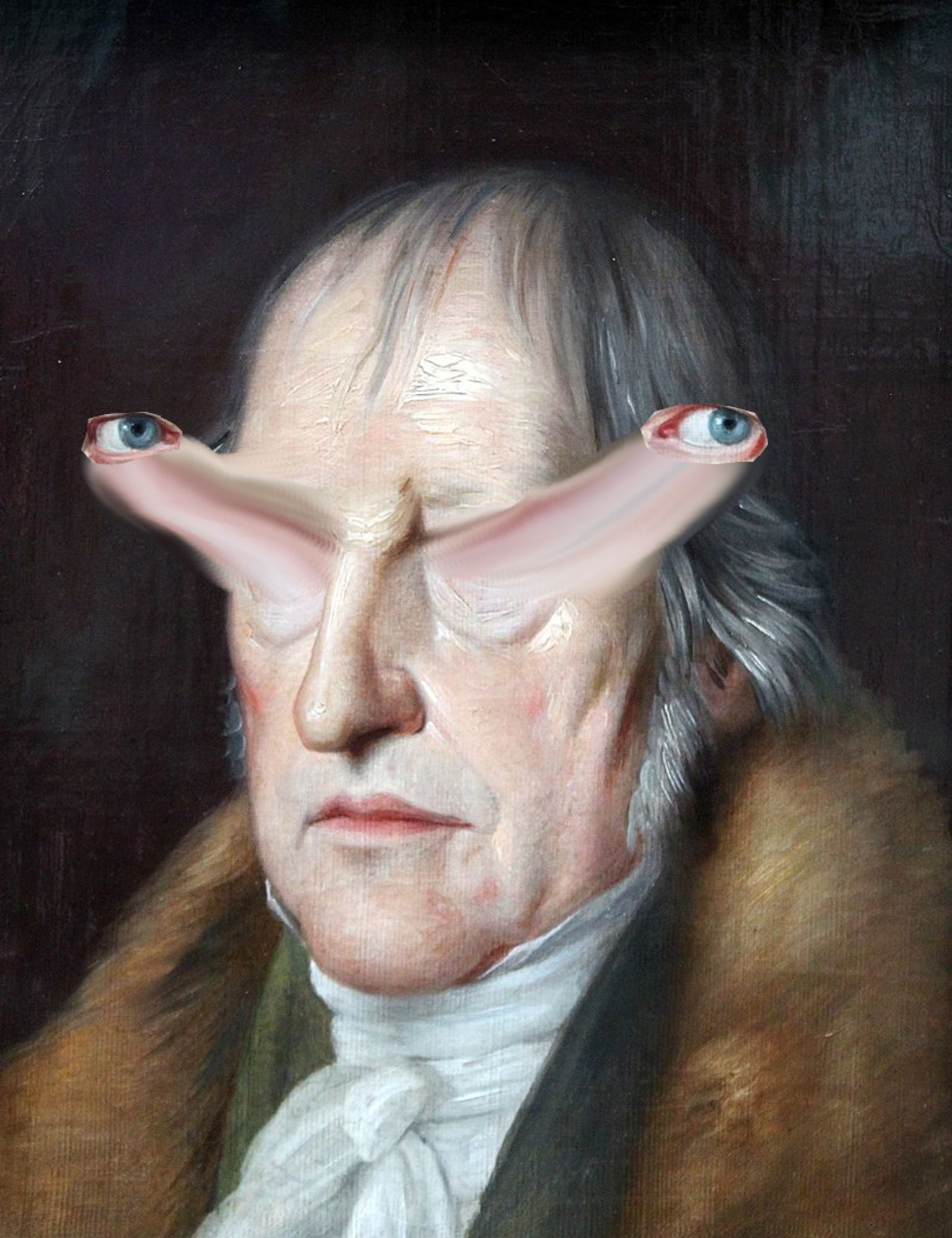 Gemälde von Hegel, bei dem die Augen an Stielen aus dem Gesicht ragen wie bei einer Schnecke