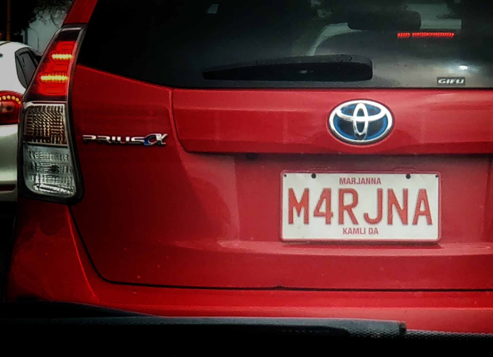 Picture of a personalized number plate "M4RJNA" an abbreviated version of the owners name 'Marjanna' but looking a lot like an abbreviation of 'Marijuana'