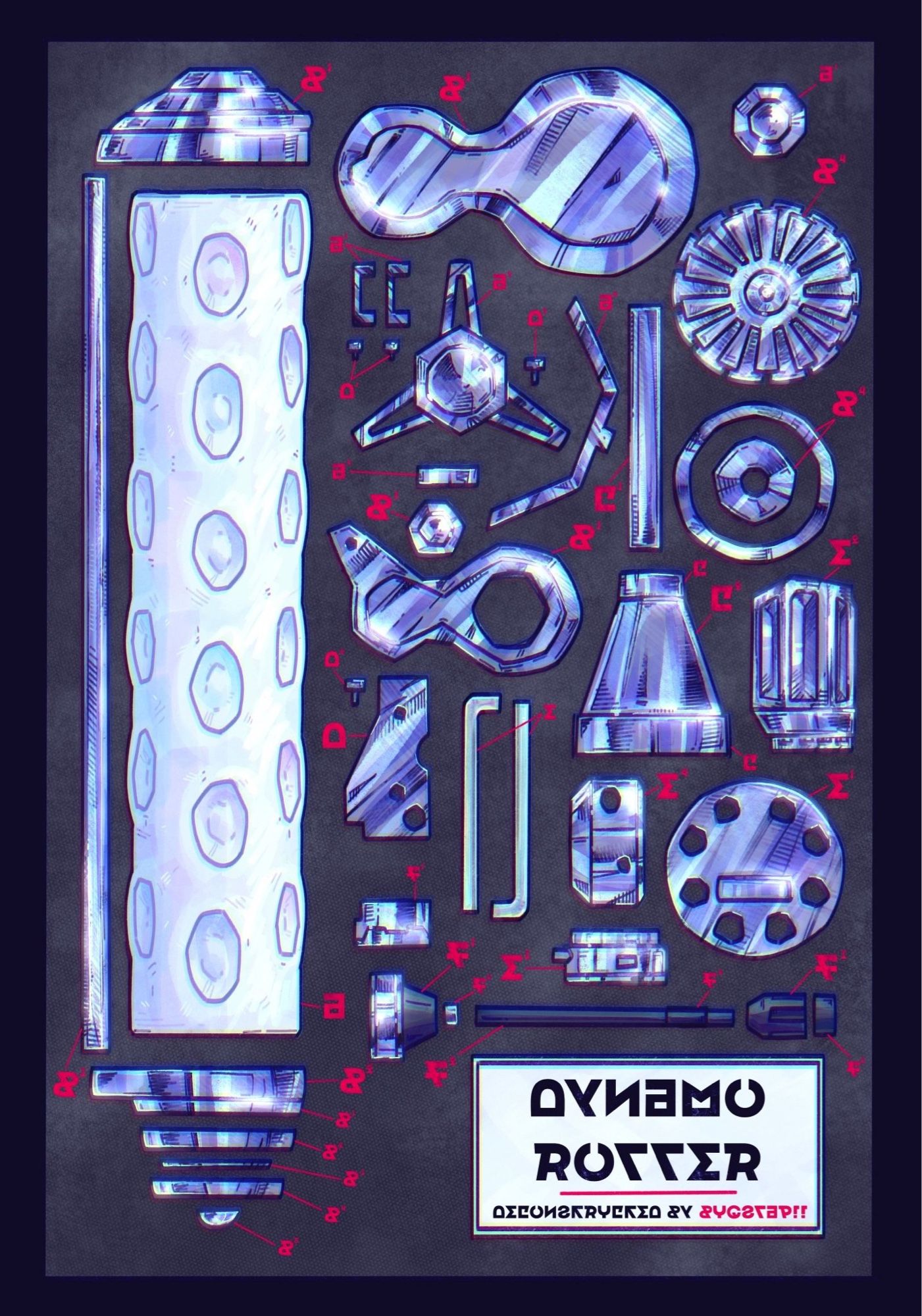 a drawing of the Dynamo Roller taken apart with its pieces laid out in an orderly manner. each piece is labelled with a letter in the splatoon alterna font. in the bottom right corner is a text box reading "Dynamo Roller -- deconstructed by BUGSLAP!!"