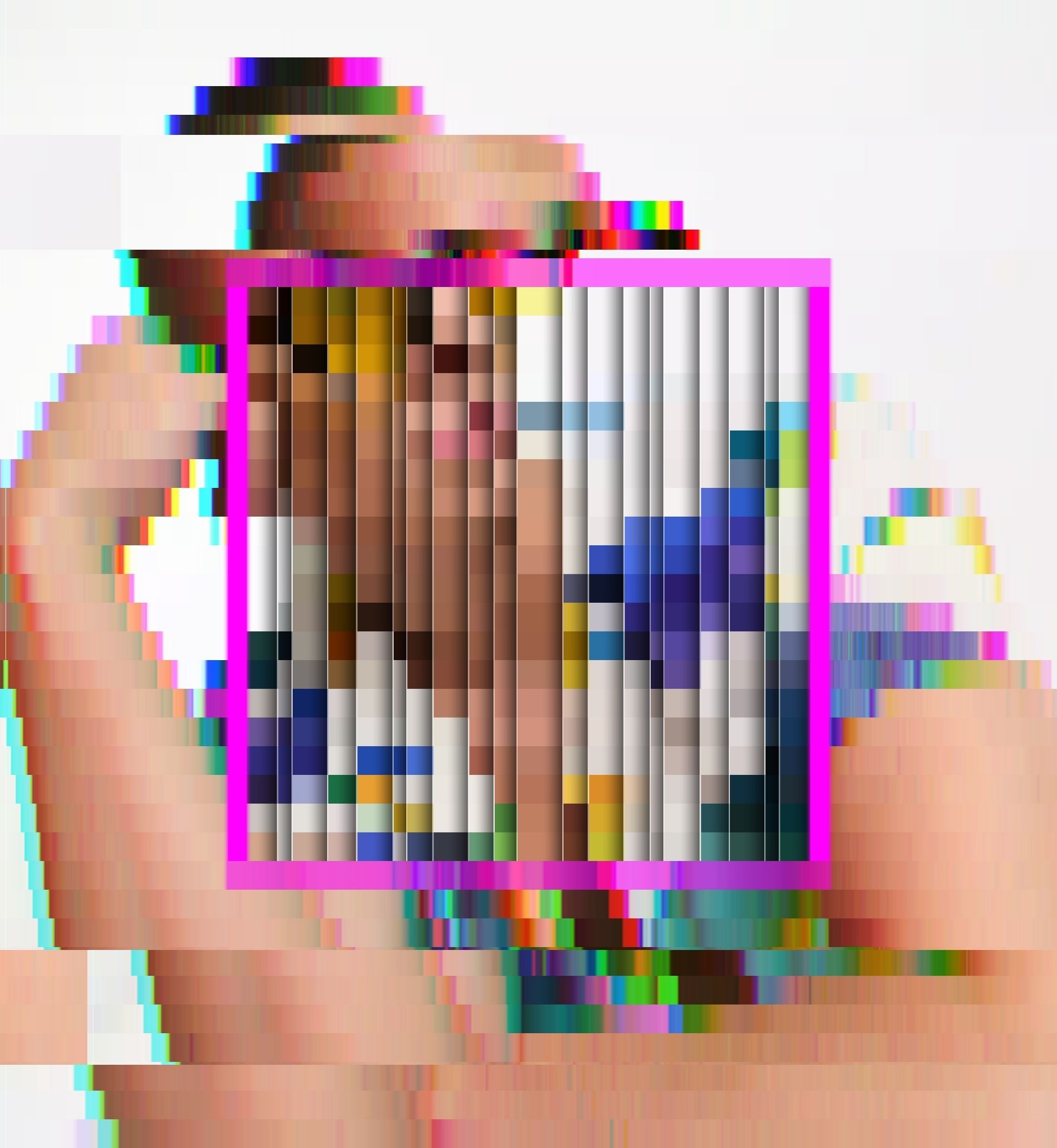 Pixeledated image a of a man(?), bright colours, with a central square super-imposed on it.