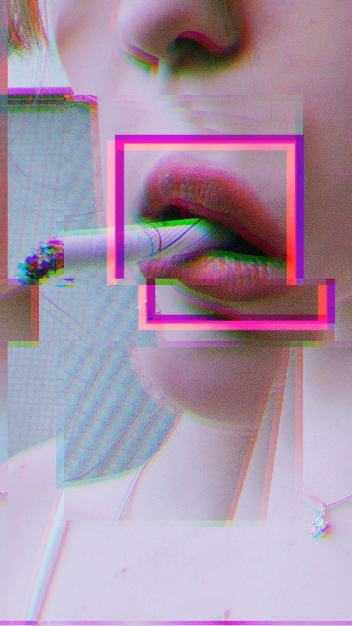 Glitched artwork of closeup of female mouth, smoking a cigarette.