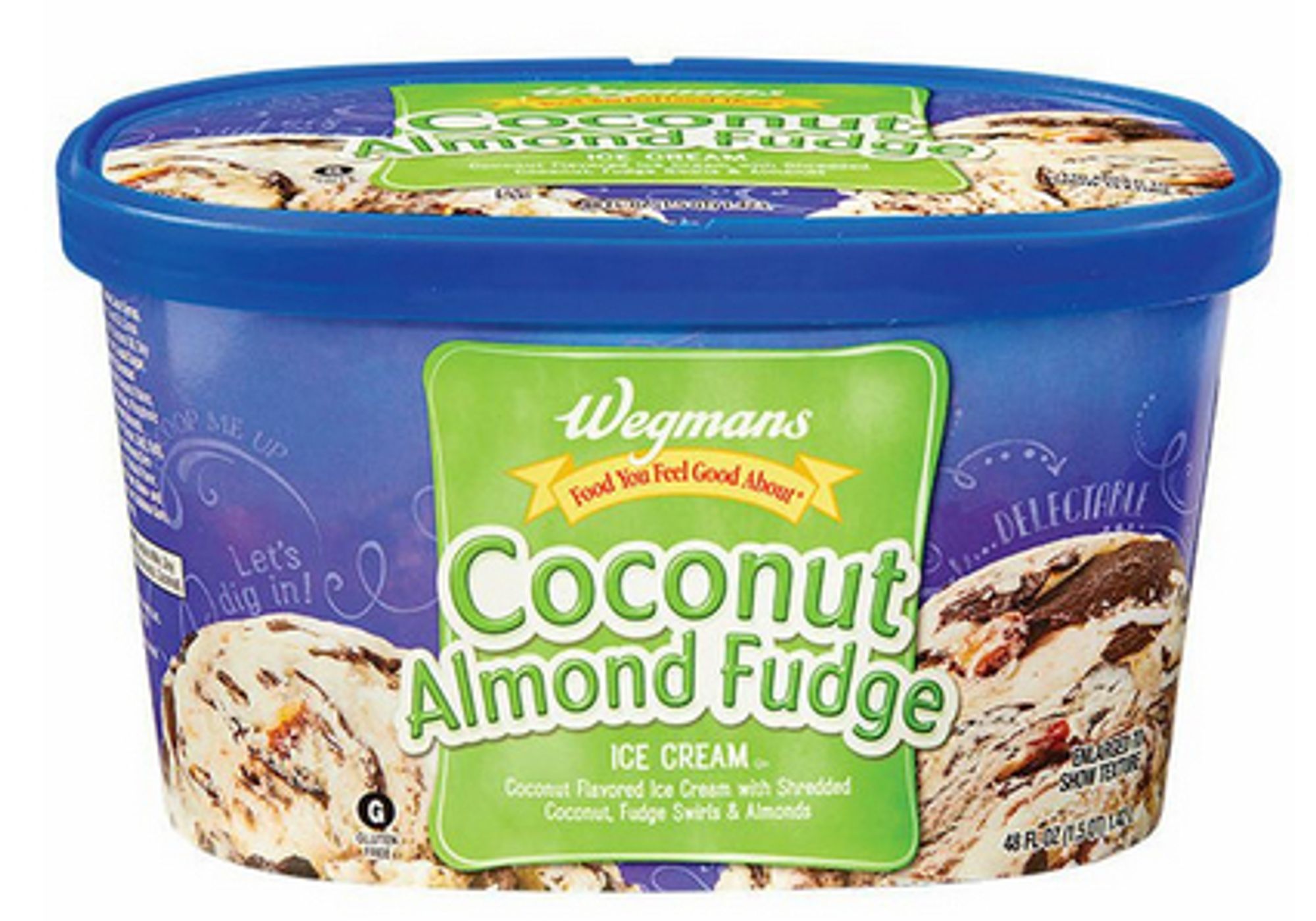 1.5 quart container of Wegmans brand Coconut Almond Fudge ice cream. Coconut flavored with shredded coconut, fudge swirls, and almonds.