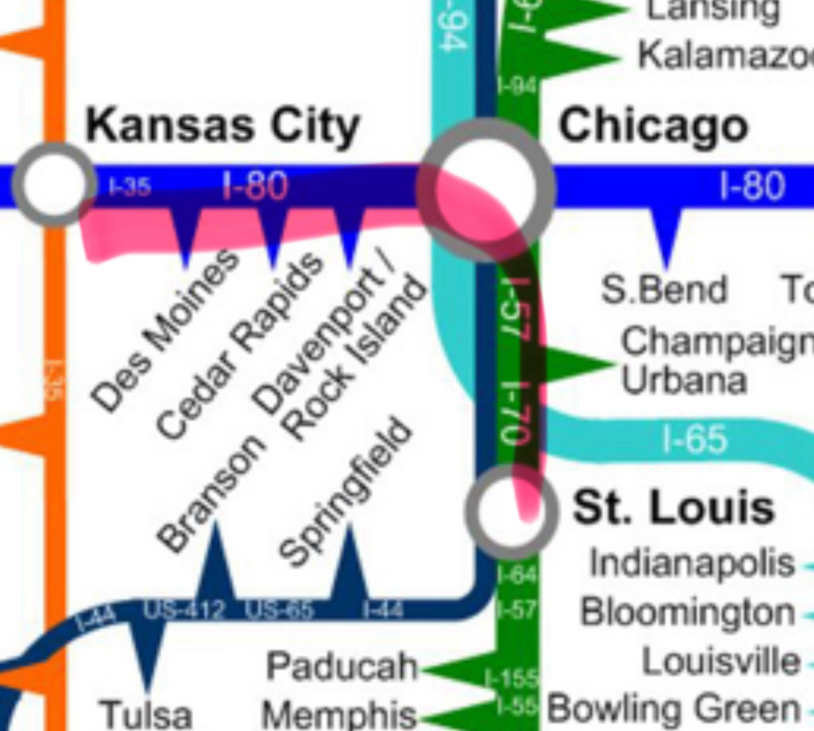 The above rail system zoomed in on the section that contains Missouri cities. Emphasized is St. Louis connecting to Chicago, and through there Kansas City being accessible.