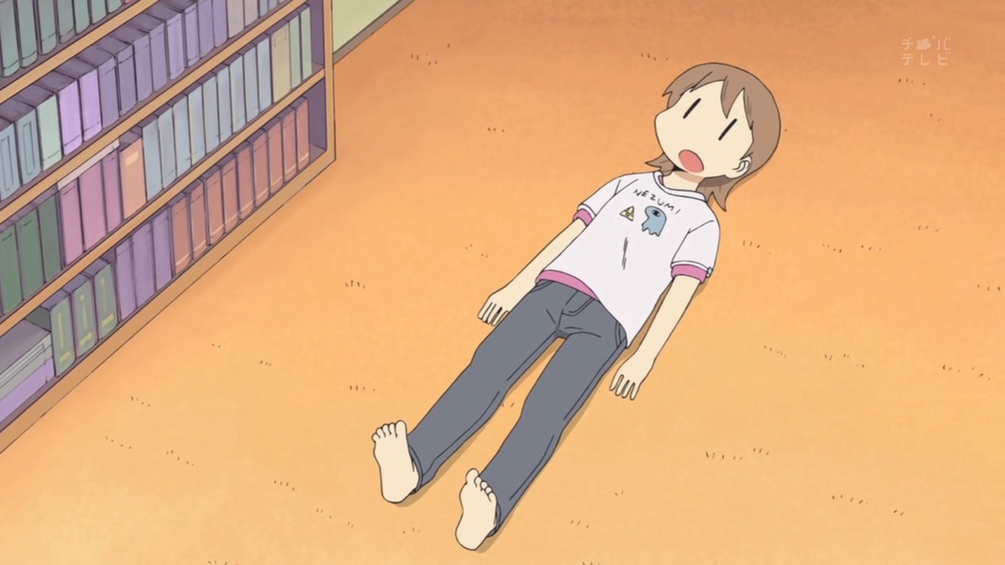 Yuuko from Nichijo lying on her back on the ground staring at the ceiling.