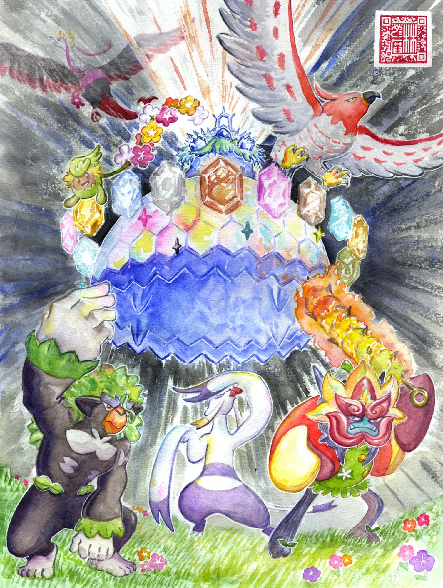 Watercolour painting of a Pokémon team featuring Talonflame, Comfey, Stellar-form Terapagos, Rillaboom, Mienshao and Hearthflame Ogerpon. In the top left, a Fezandipiti flies away from the group.

Mienshao is blowing a coach's whistle while Terapagos looms over the scene.