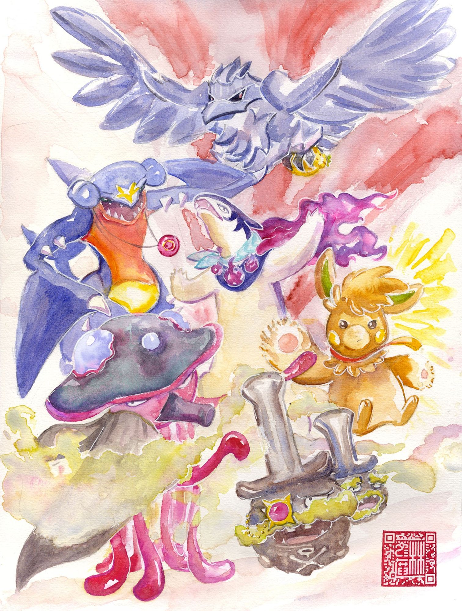 Watercolour painting of a Pokémon team featuring Corviknight, Garchomp, Hisuian Typhlosion, Pawmot, shiny Toedscruel and Galarian Weezing.