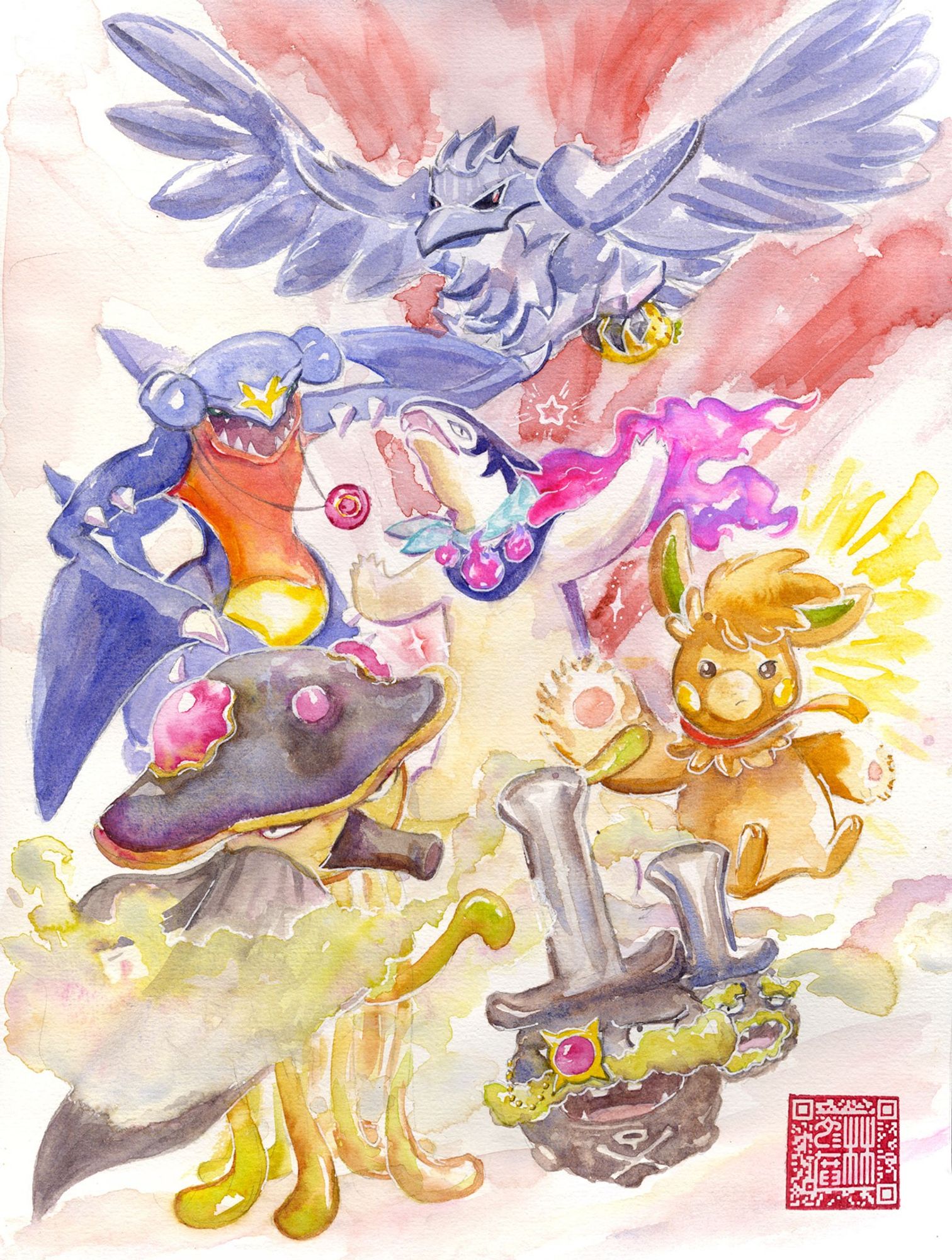 Watercolour painting of a Pokémon team featuring Corviknight, Garchomp, shiny Hisuian Typhlosion, Pawmot, Toedscruel and Galarian Weezing.