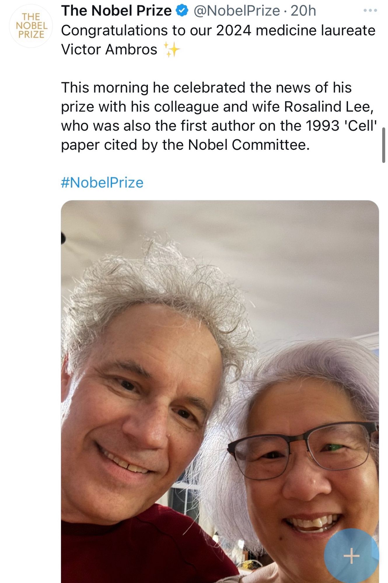 Post by @NobelPrize on the hellsite pointing out that a key paper cited by the Nobel Committee was first-authored by the wife of one of the two awardees