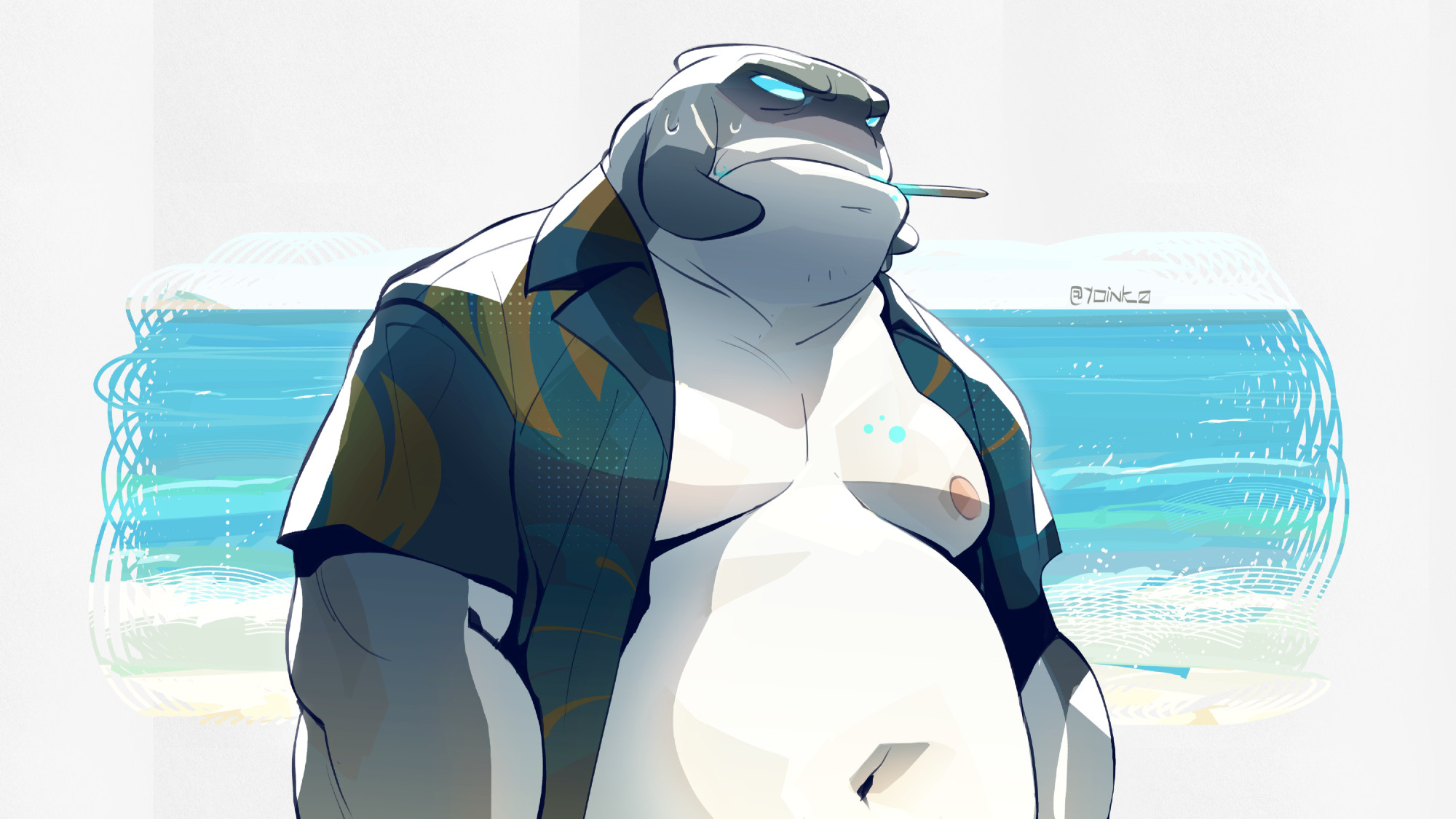 Drawing of Gantu standing on the beach shore. He wears a short sleeve camp collar shirt that doesn't fit him very well. He has a popsicle stick in his mouth. Doesn't seem to be expressing any specific emotion but does appear uncomfy.