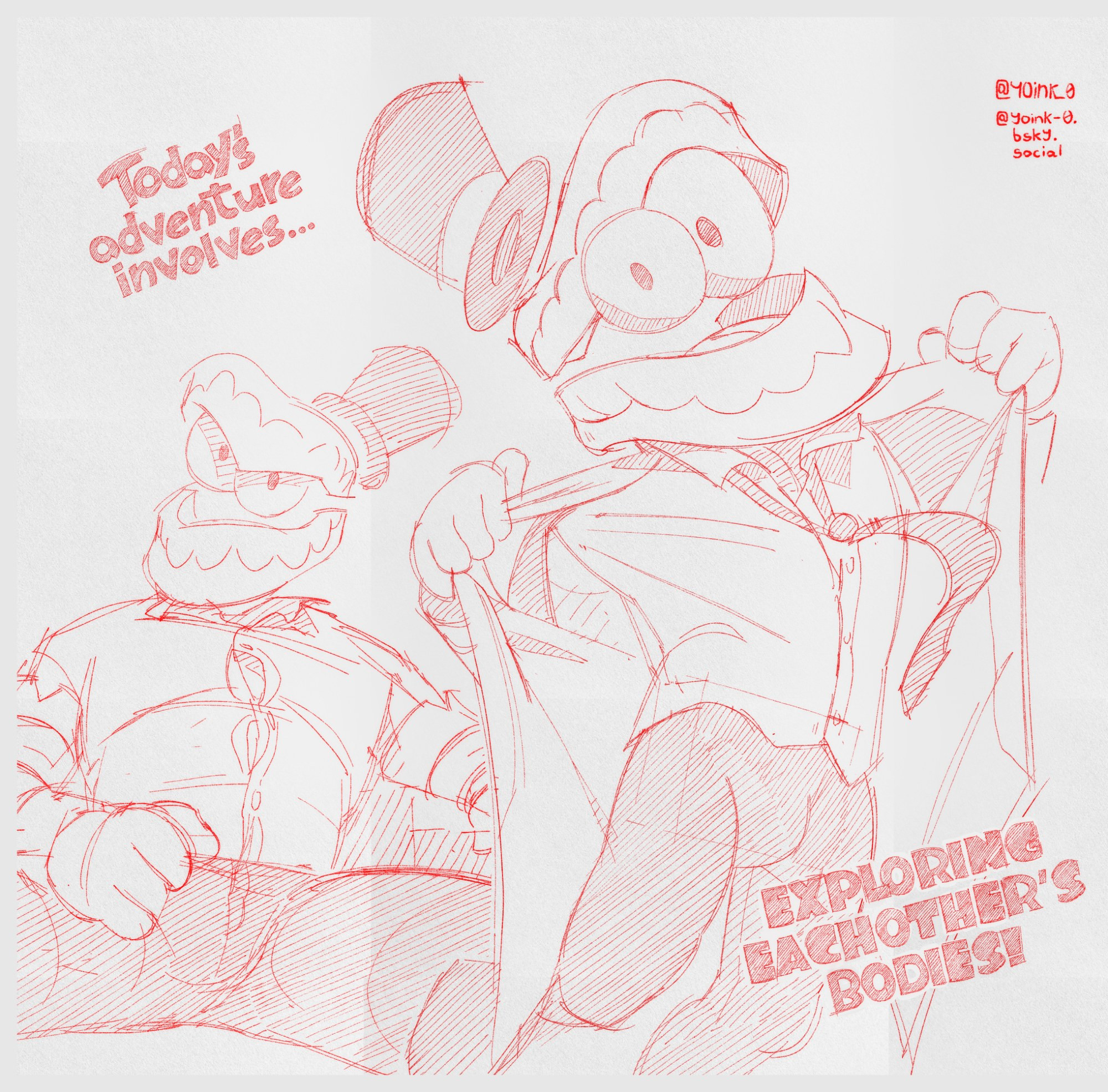 Sketches of Caine from The Amazing Digital Circus. Bottom left is a sketch of him sitting down with his legs spread apart. Top right is him jumping & undressing, opening his suit jacket. Text reads "Today's adventure involves..." & "EXPLORING EACHOTHER'S BODIES."