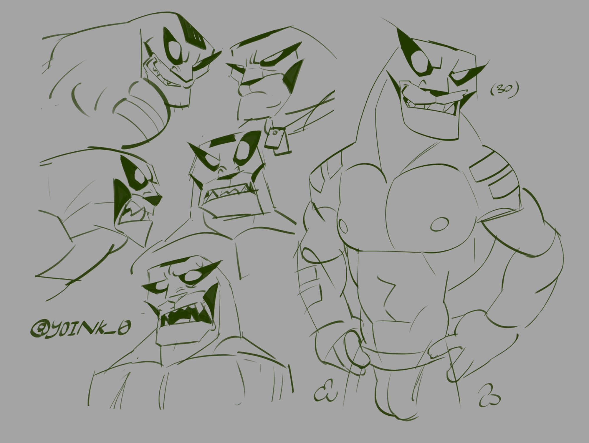 Sketch page of Hankey featuring random expressions and a waist up reference drawing.