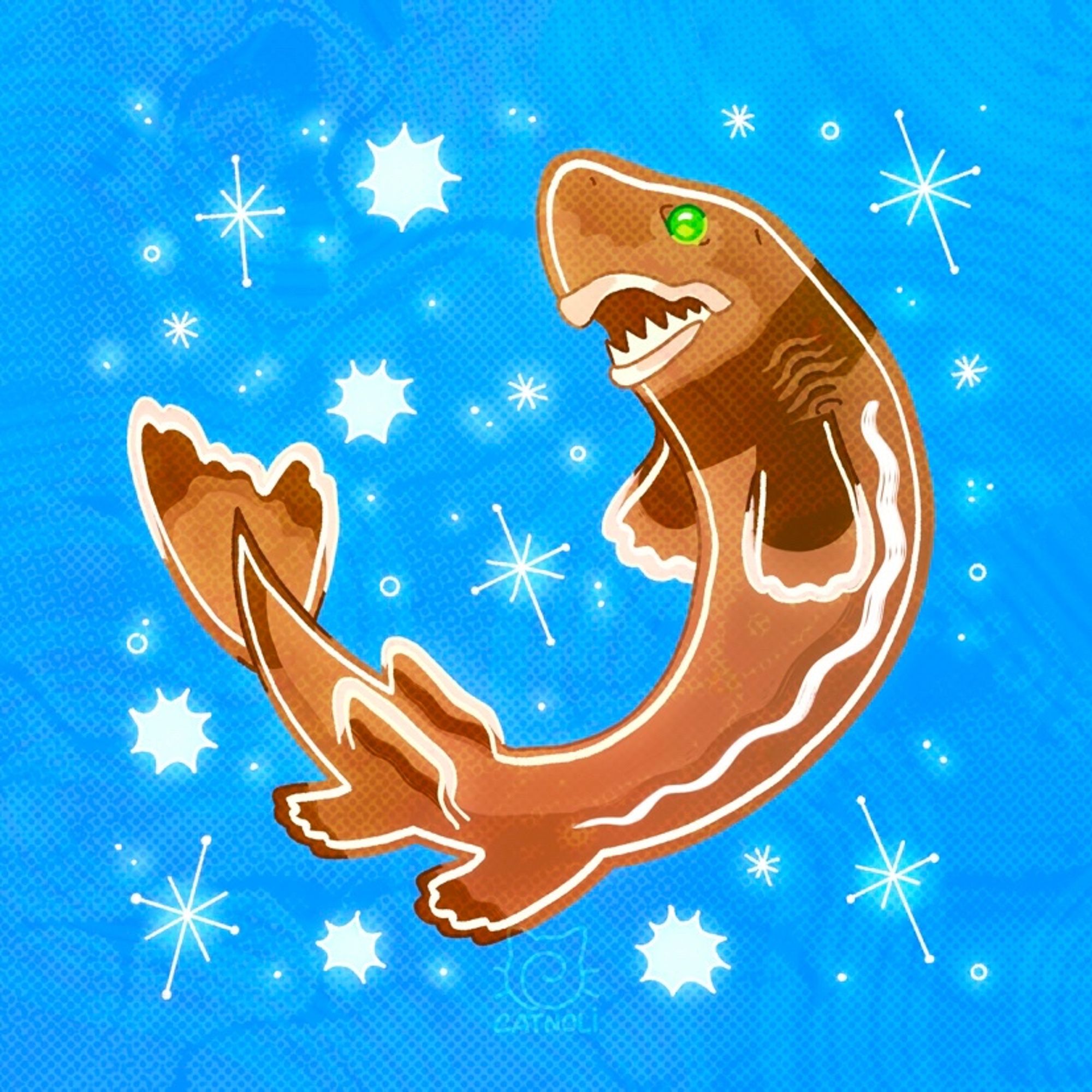 [ID: An illustration of a cookiecutter shark. It is a gingerbread cookie, with white frosting and a green gum drop eye. The background is an icy blue and the shark is surrounded by white snowflakes and sparkles. End ID.]