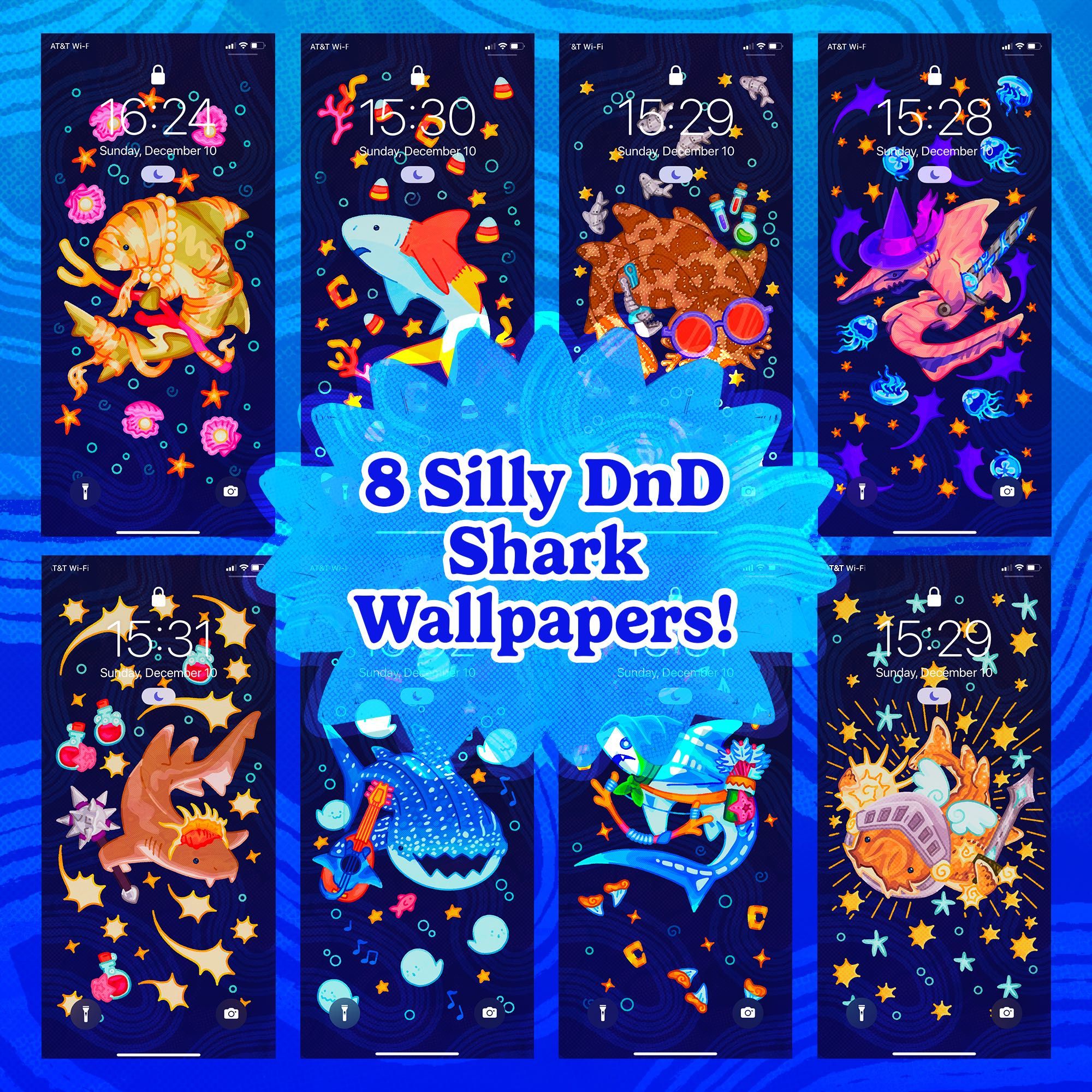 [ID: 8 Silly Dnd Shark Wallpapers! It contains 8 silly shark illustrations formatted respectively to be individual phone wallpapers! From top to bottom, left to right: Lemon Shark Monk, Candy Corn Shark, Wobbegong Shark Artificer, Goblin Shark Warlock, Nurse Shark Cleric, Whale Shark Bard, Thresher Shark Archer, and Angel Shark Paladin. End ID.]