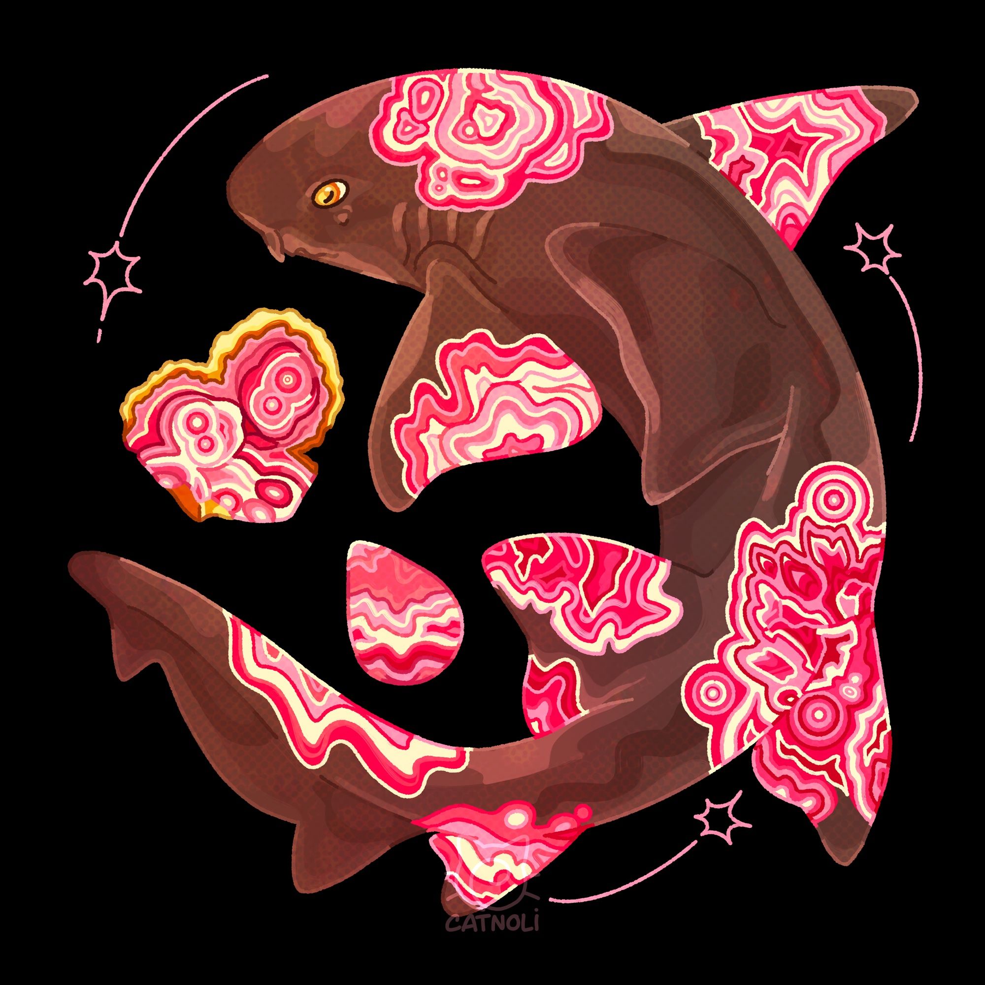 [ID: An illustration of a nurse shark. There is a heart shaped rhodochrosite geode and a polished tear drop rhodochrosite gem. There are little stars surrounding the shark. The shark itself has pockets of rhodochrosite growing on jts fins. The background is black. End ID.]