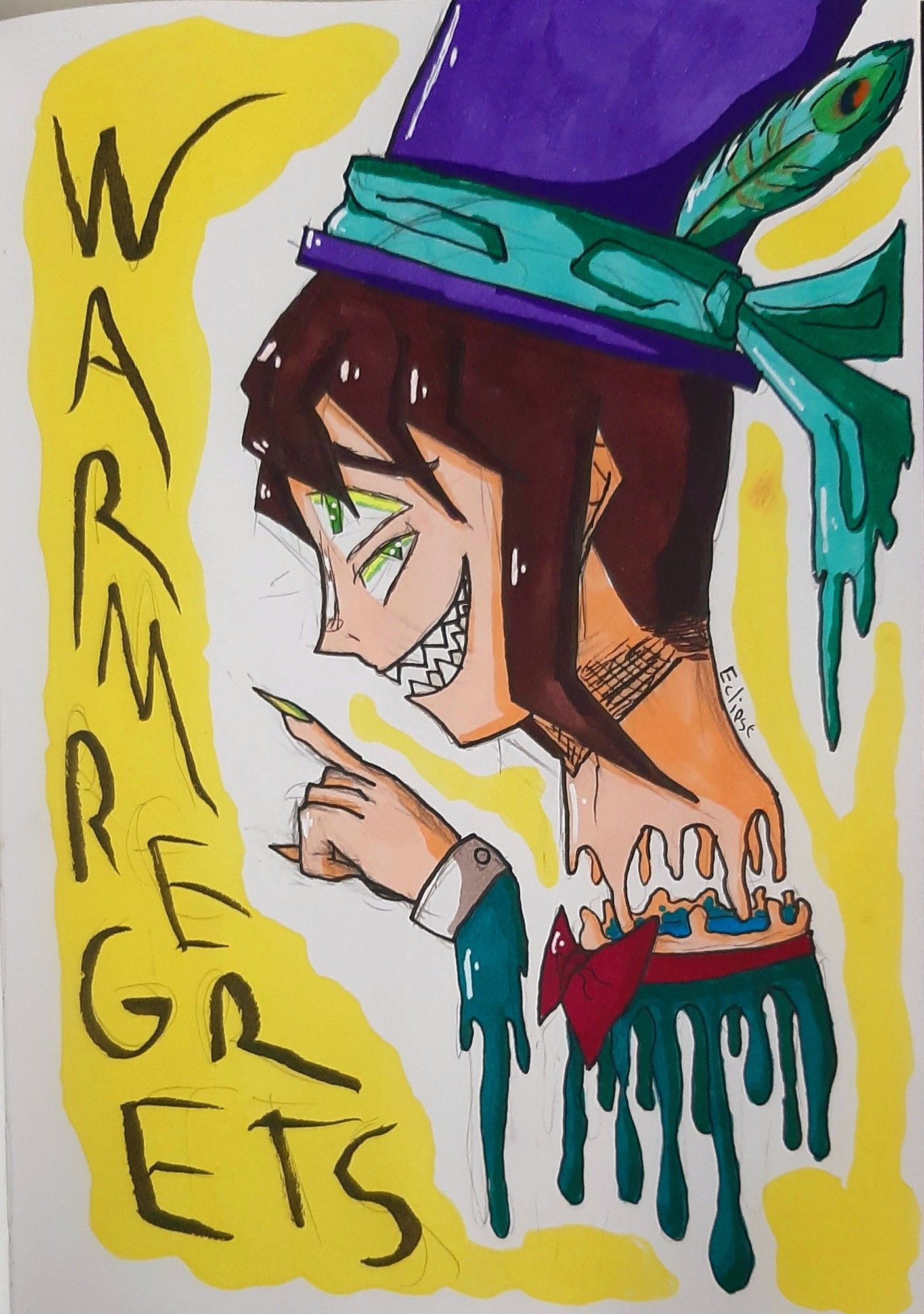 Illustration of my character with a melting neck and a melting floaty hand. A big top hat, with the quote written which is the title of the drawing 'Warm Regrets'. Illustration made with markers