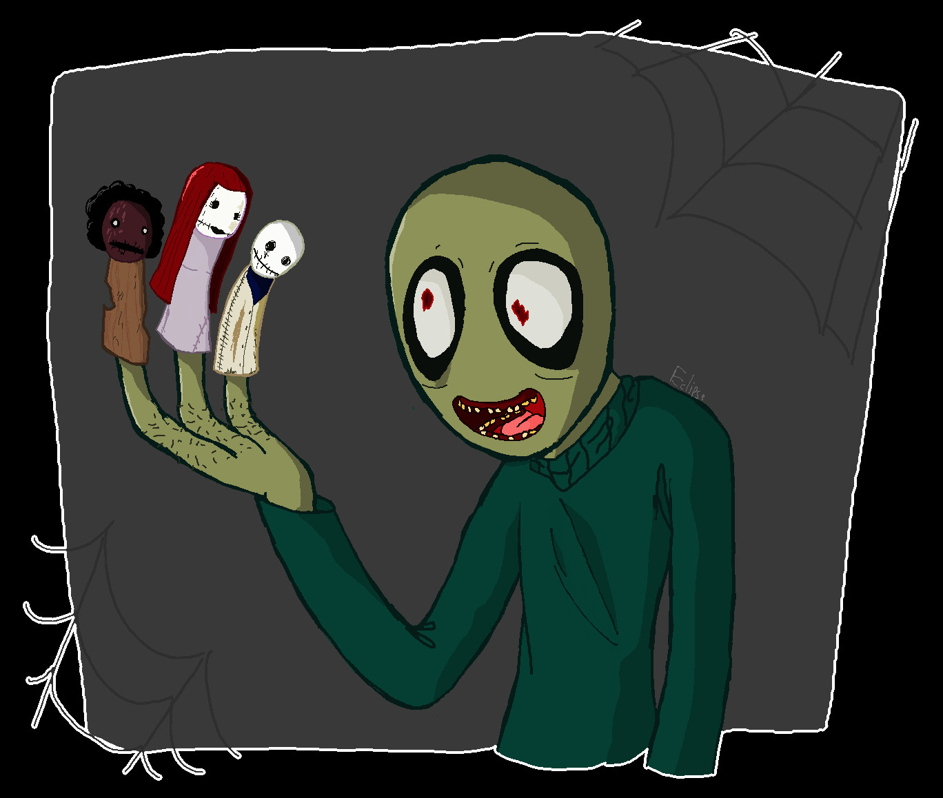 Simple illustration done primarily on MS paint of Salad Fingers with his little puppets. Very simple background (mostly a solid not perfect square behind the character) and two web drawn simplistically. The transparency and the extra outline was done on firealpaca