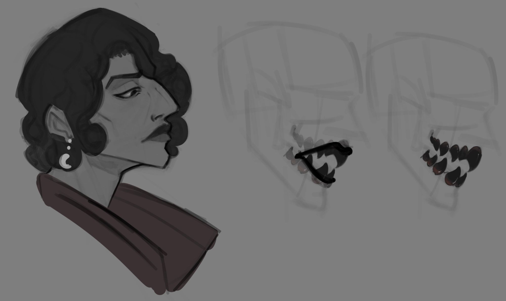 A profile sketch of an OC -- with shots of black, beaklike vampiric teeth.