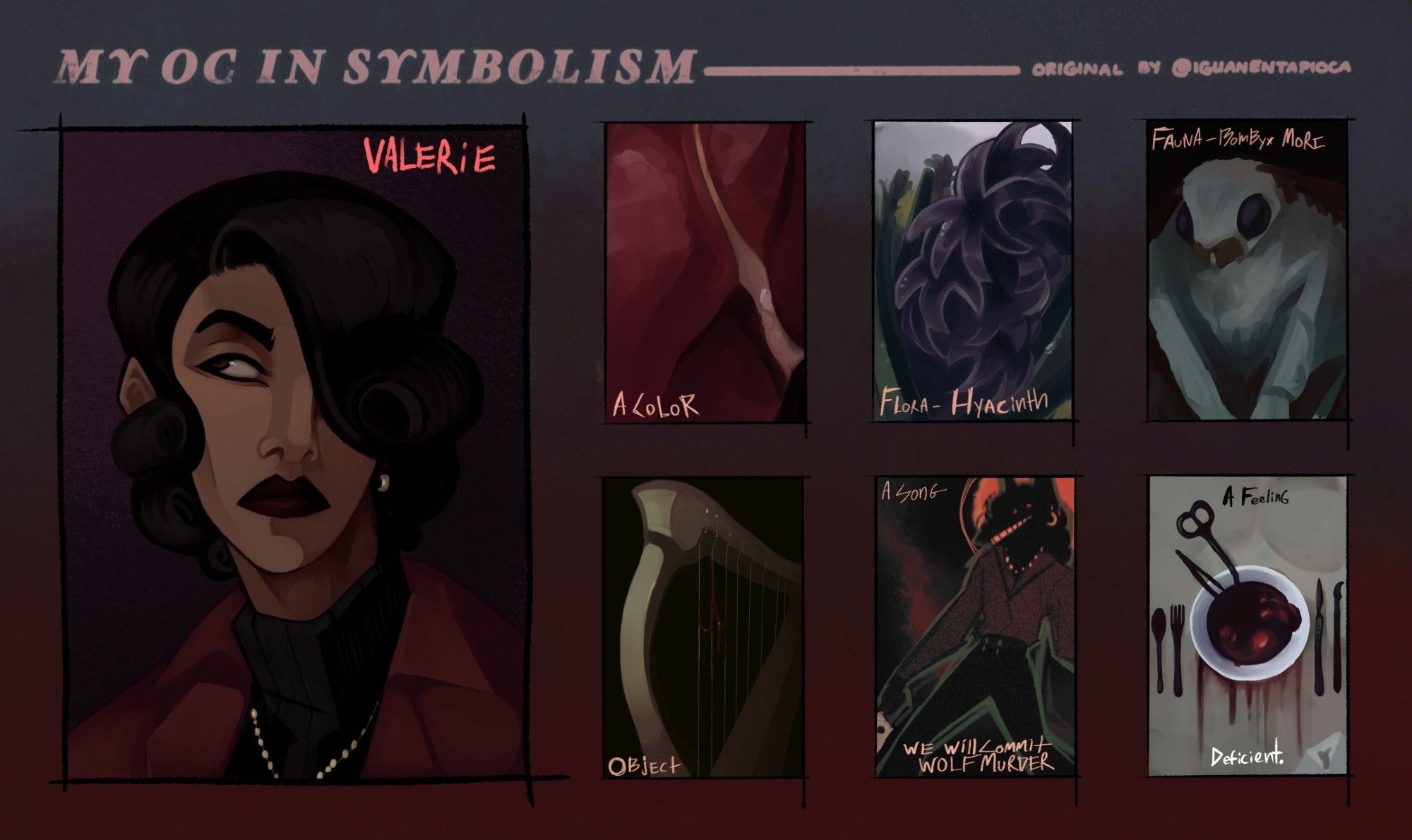 A completed meme template meant to show the symbolism of a original character. The portrait is of an olive skinned, femme individual with shoulder length black hair, dark eyes and lips, and wearing a red blouse over a black sweater. 

In the color section, there is a close up of the surface of a human liver. 

In the flora section, a close up of purple hyacinth flowers. 

In the fauna section, a close up of a domestic silk moth. 

In the object section, an old harp with bloodied string -- meant to imply the gut used in the instrument's construction. 

In the song section -- meant to reference of Montreal's "We Will Commit Wolf Murder" -- a surreal drawing of a grinning wolf figure, wearing the same outfit as the woman in the portrait. They hold a cleaver -- and a shape resembling a halo sits behind their head. 

In the feeling section, a bowl filled with blood and viscera -- with a combination of surgical implements and eating utensils sitting beside them to resemble a set table.