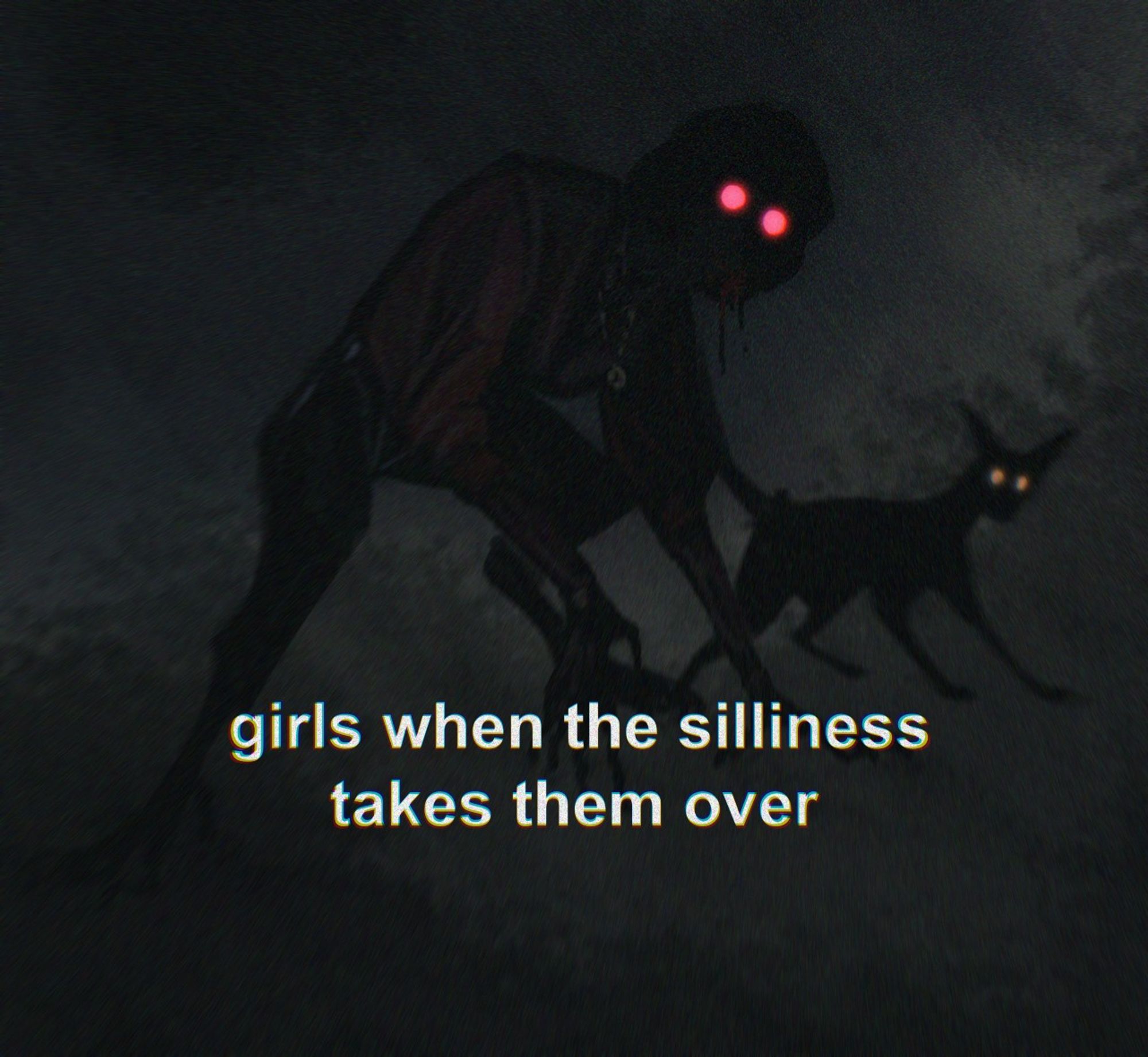 Purposely fuzzy and dark image of OC on all fours (with a cat) -- blood running down their jaw. The caption says "Girls when the silliness takes them over."