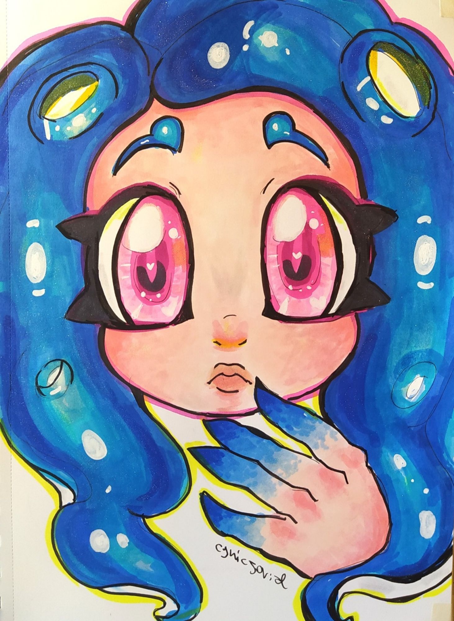 a headshot of a female octoling with blue hair and pink eyes