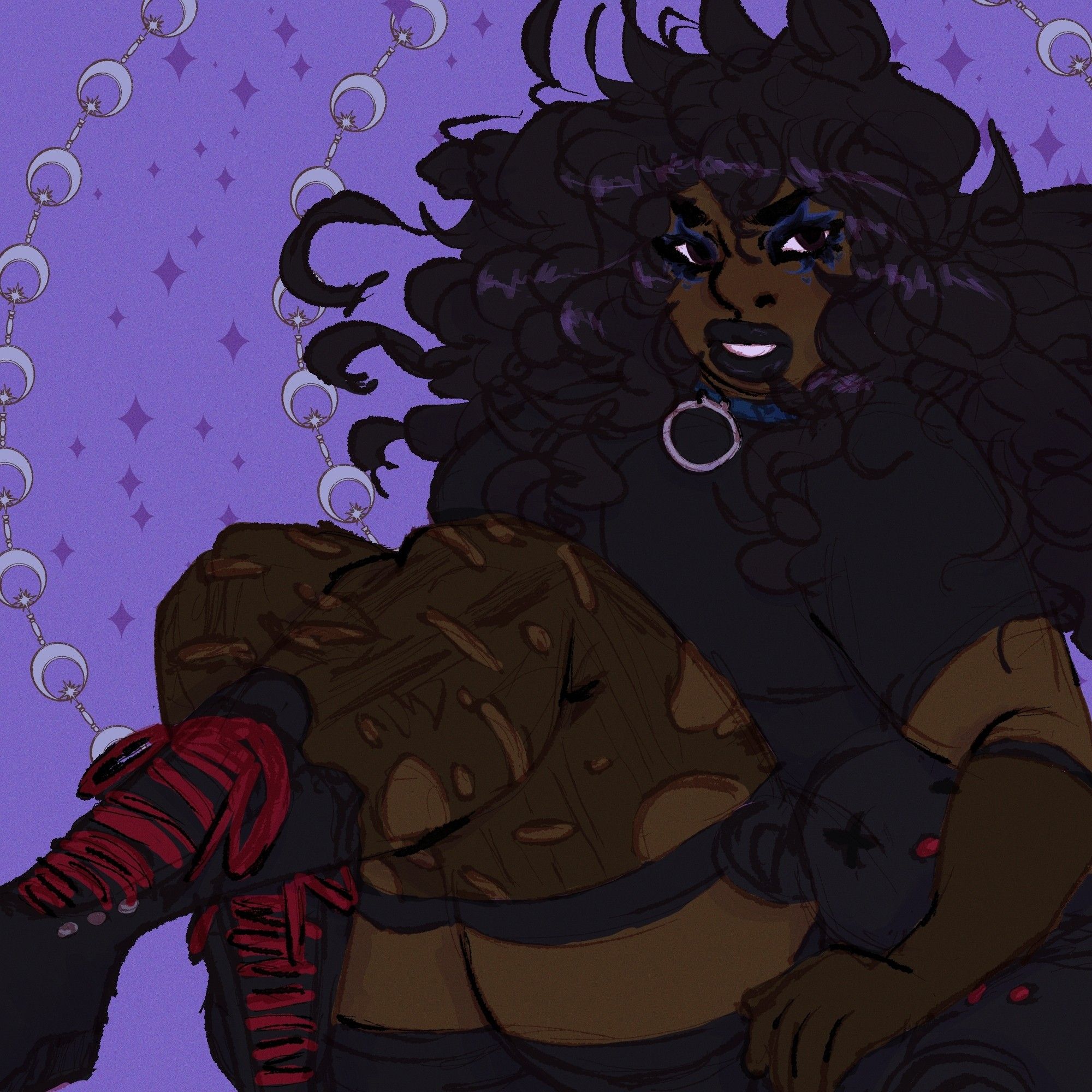 an illustration of inola, a black woman with long black hair, in a black t-shirt, black shorts, black translucent ripped stockings and gloves, black boots with red laces, and a blue choker.