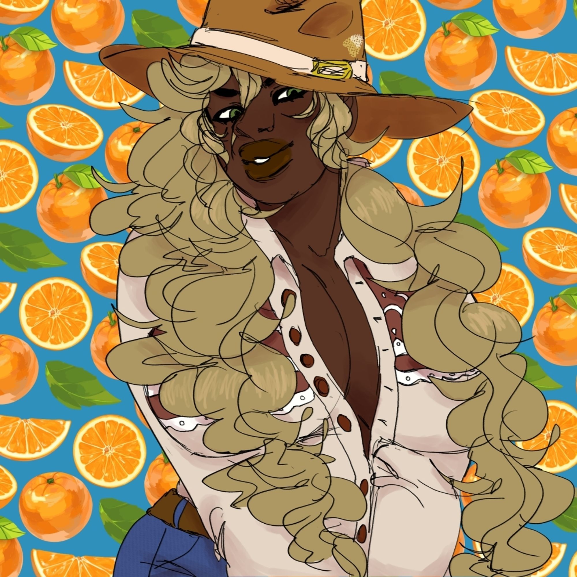 an illustration of maple, a black woman with long blonde hair, wearing a white cowboy shirt with brown and white accents, denim jeans with a brown belt, and a brown cowboy hat with a white band.