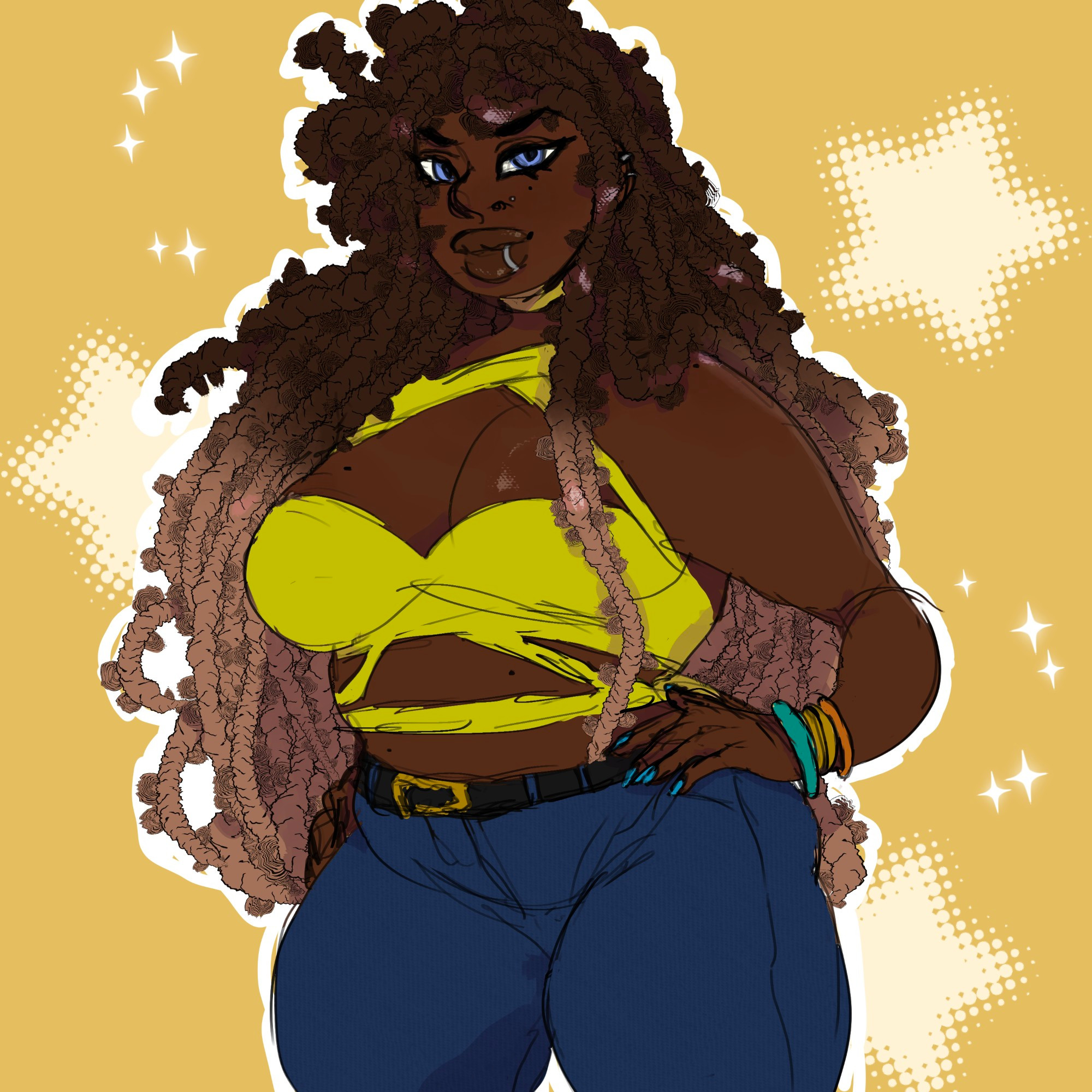 an illustration of julie, my oc, a black woman with long brown imbre butterflu locs. she's wearing a yellow crop top with a boob window, dark blue jeans, a black belt, and bracelets of varying colors.