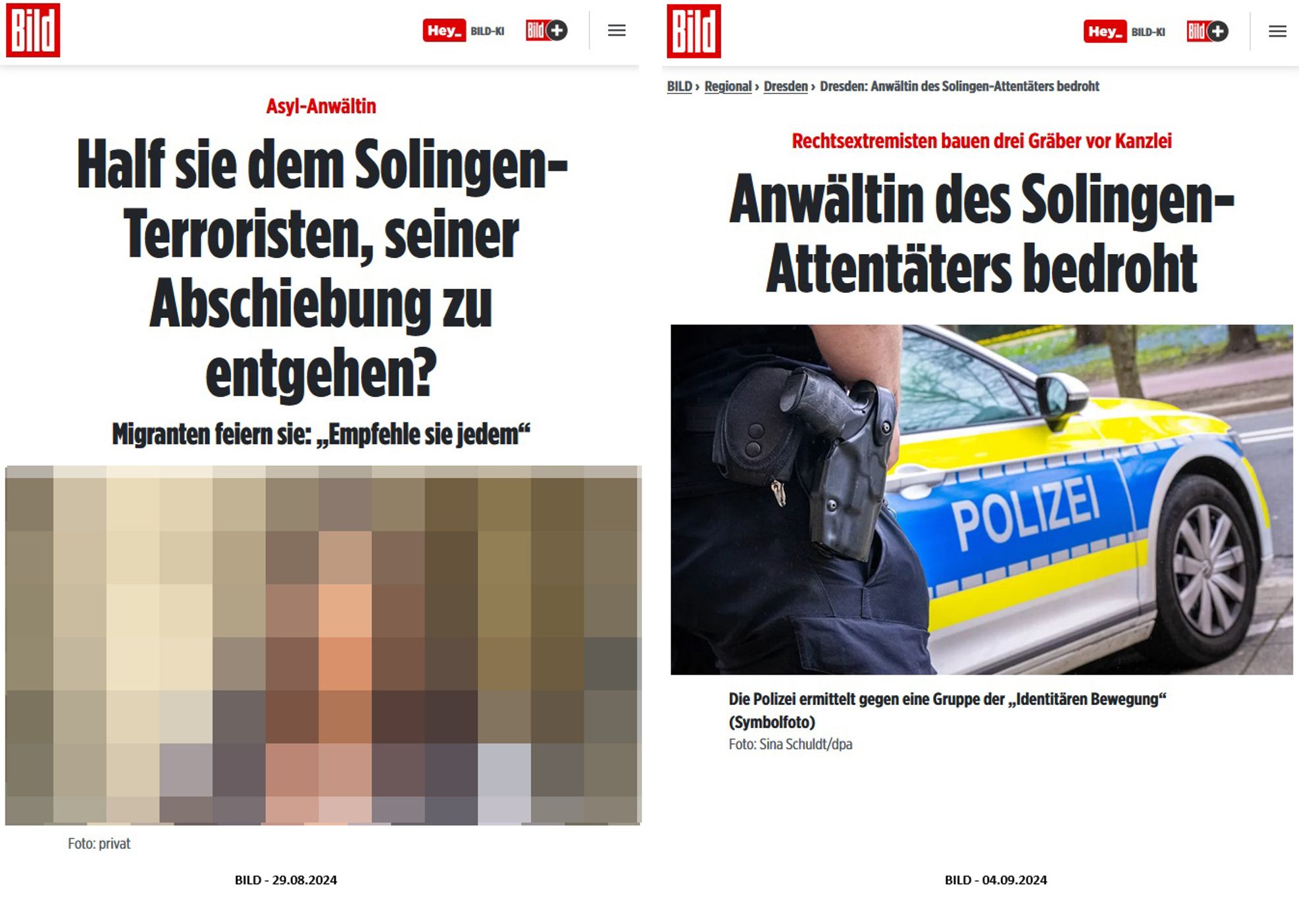 Zwei BILD-Artikeln gegenübergestellt. In einem wird eine Anwältin an den Pranger gestellt, da sie den islamistischen Terroristen von Solingern vertreten hat. In dem anderen geht es darum, dass die Kanzlei und die Anwältin mittlerweile von Neonazis bedroht werden.