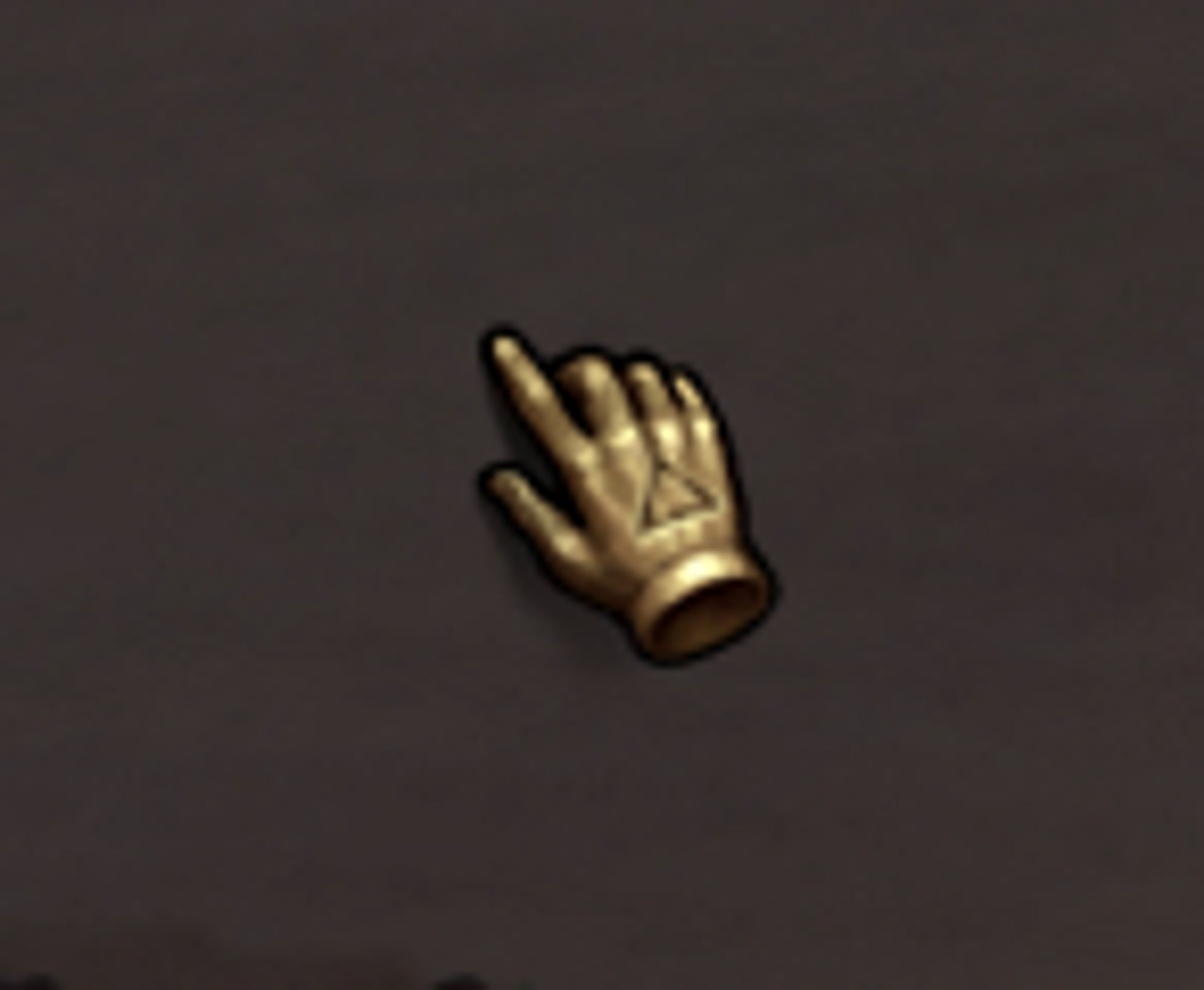 A mouse cursor from the game "Opus Magnum." It is a gold-colored skeuomorphic right-hand, pointing to the upper left.