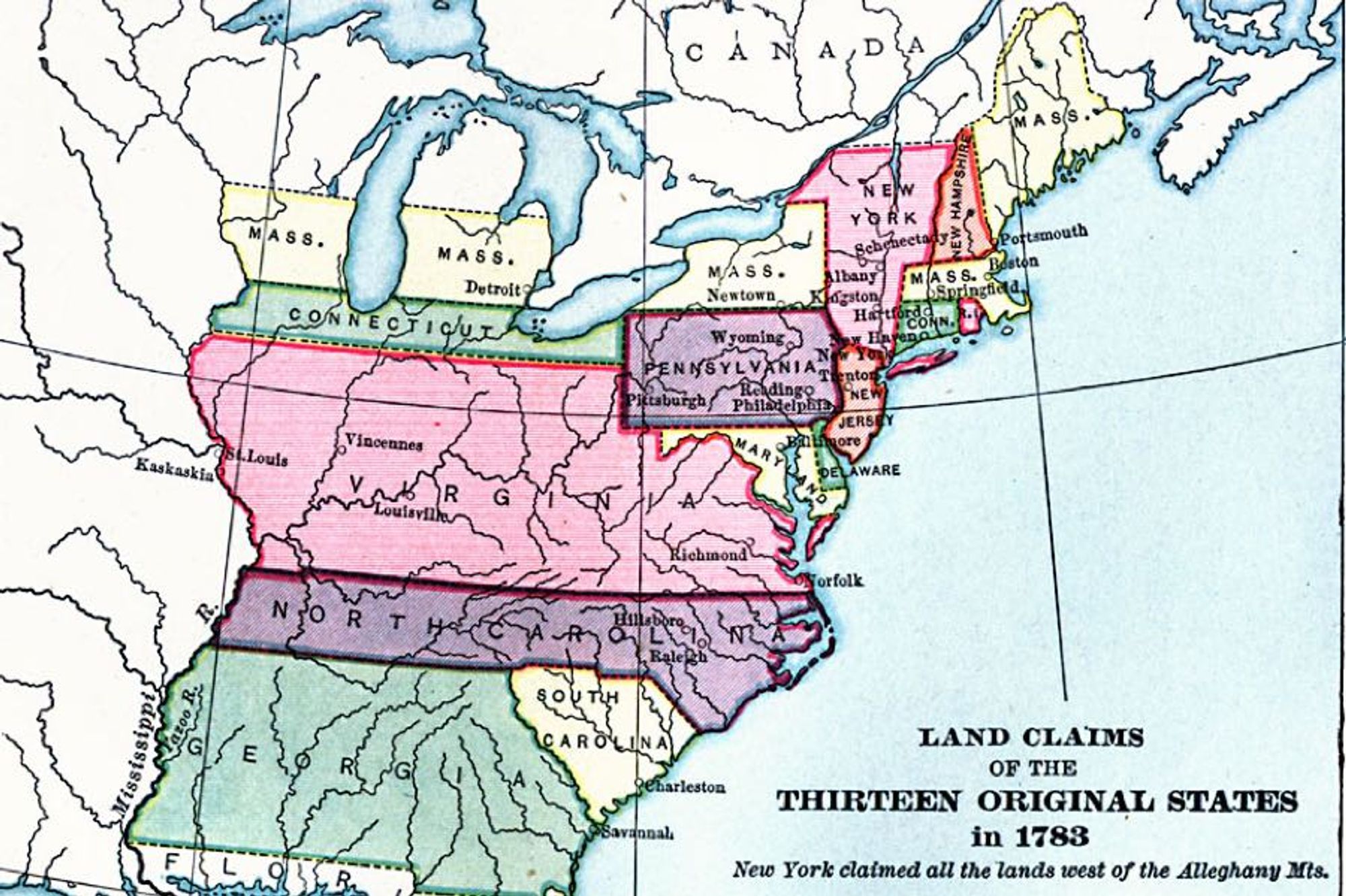 Picture of a map labeled "Land Claims of the Thirteen Original States in 1783".  Massachusetts, after a brief interruption by New York, continues west through what is now Michigan and Wisconsin.