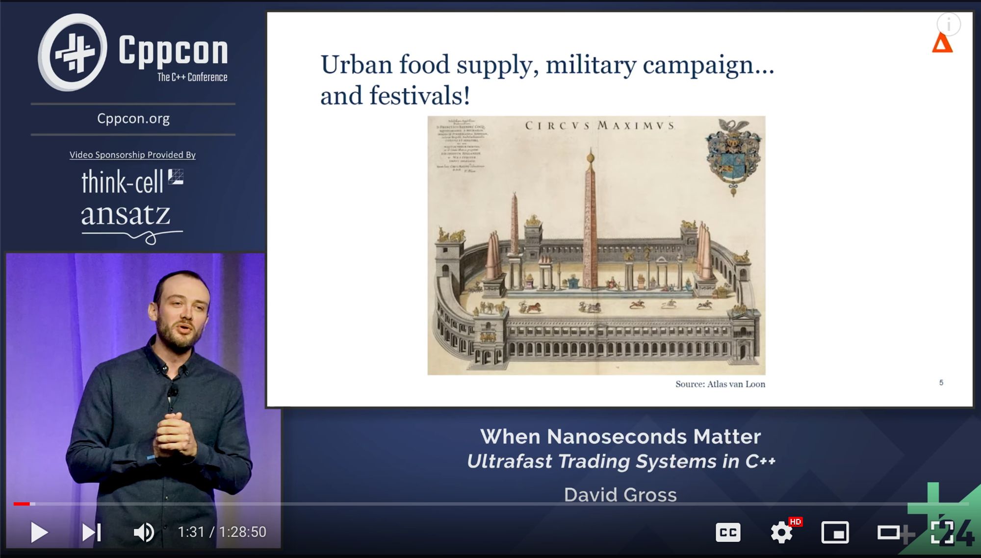 Screenshot of a YouTube player showing "When Nanoseconds Matter: Ultrafast Trading Systems in C++".  The slide is titled "Urban food supply, military campaign... and festivals!" and has a picture of CIRCVS MAXIMUS