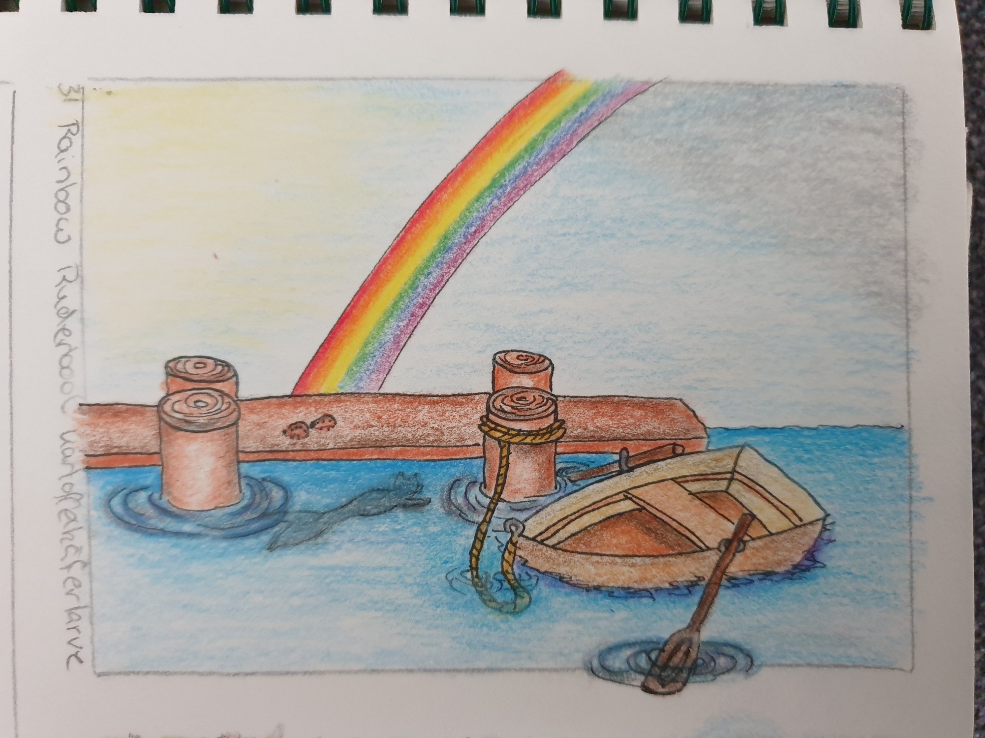 KaKaokarte
Rainbow Ruderboot Kartoffelkäferlarve
An einem kleinen Steg liegt ein Ruderboot. Auf dem Steg krabbeln zwei Kartoffelkäferlarven. Im Hintergrund ist ein Regenbogen zu sehen. Unter dem Steg sieht man die Meerjungfraukatze wegschwimmen.