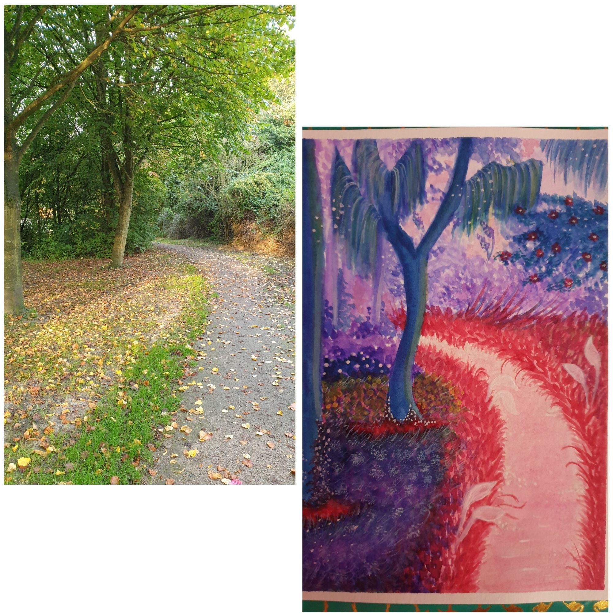 Links ein Foto von einem Weg im Park der aussieht als würde er tiefer rein führen.
Rechts meine Aquarell Darstellung. Der Weg wurde zum rosa Bach. Bäume und Büsche in blau/lila Tönen und Gras wurde rot.