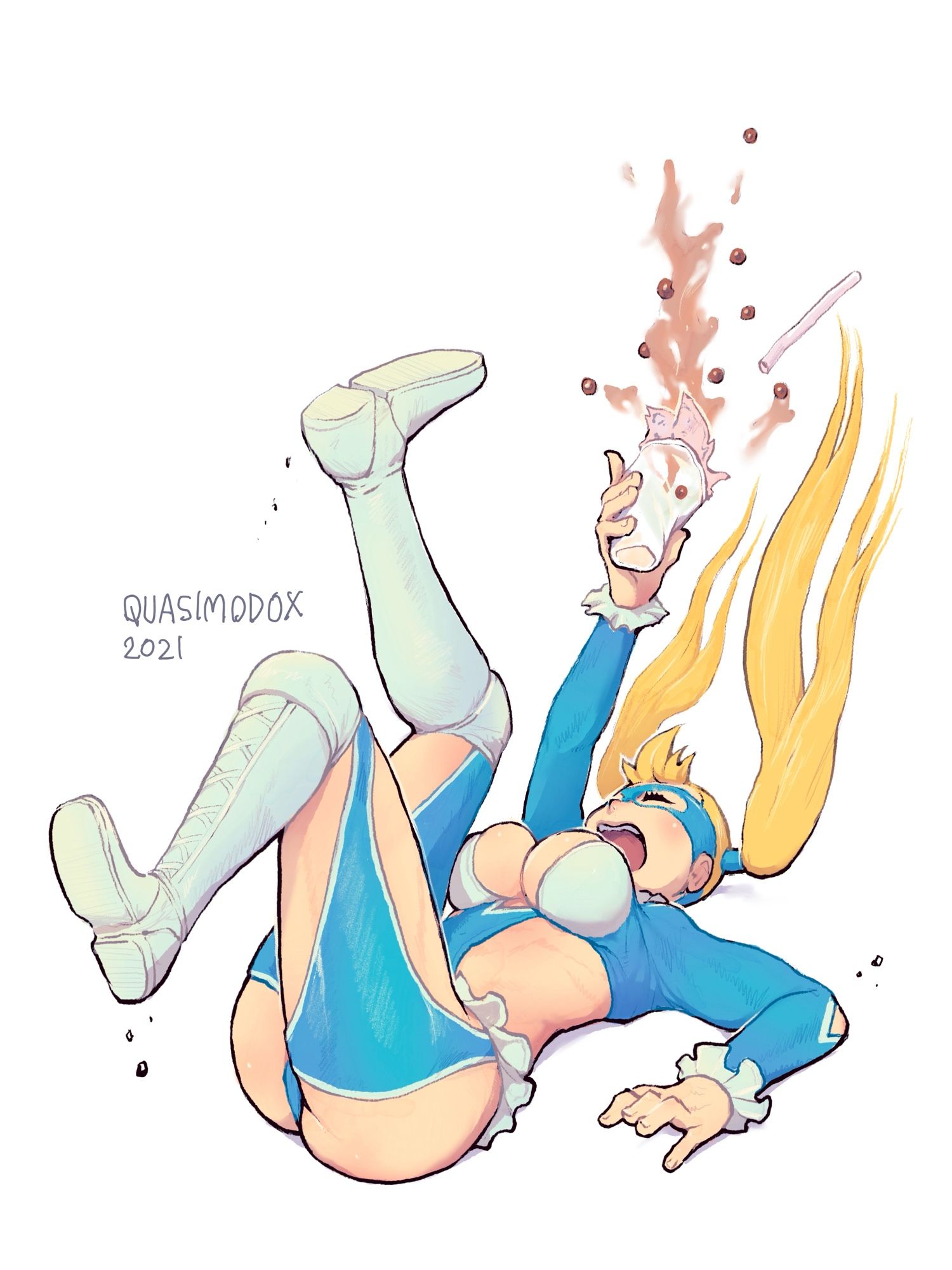 Street fighter rainbow Mika spilling her boba tea