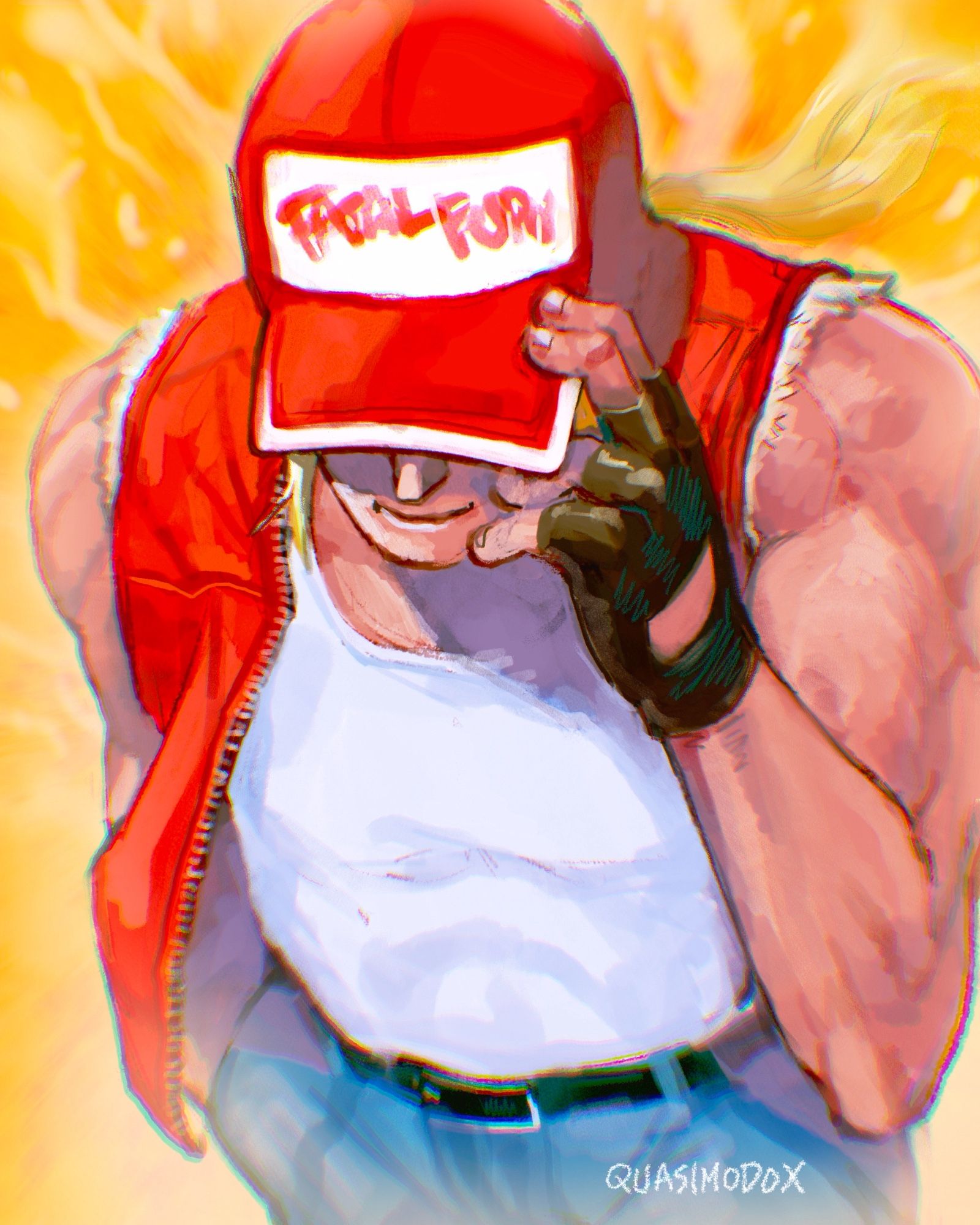 SNK character terry bogard in his classic red hat and vest, white shirt and jeans