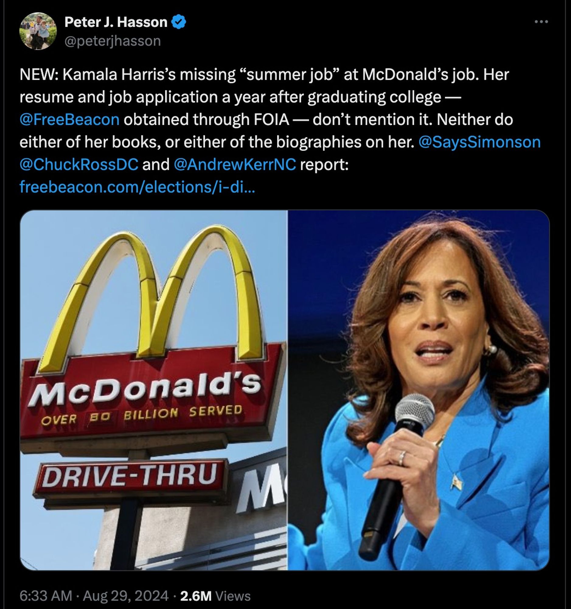 Tweet from the Free Beacon questioning whether Kamala Harris really had a summer job at McDonalds. Image contains picture of Golden Arches next to a picture of Harris.