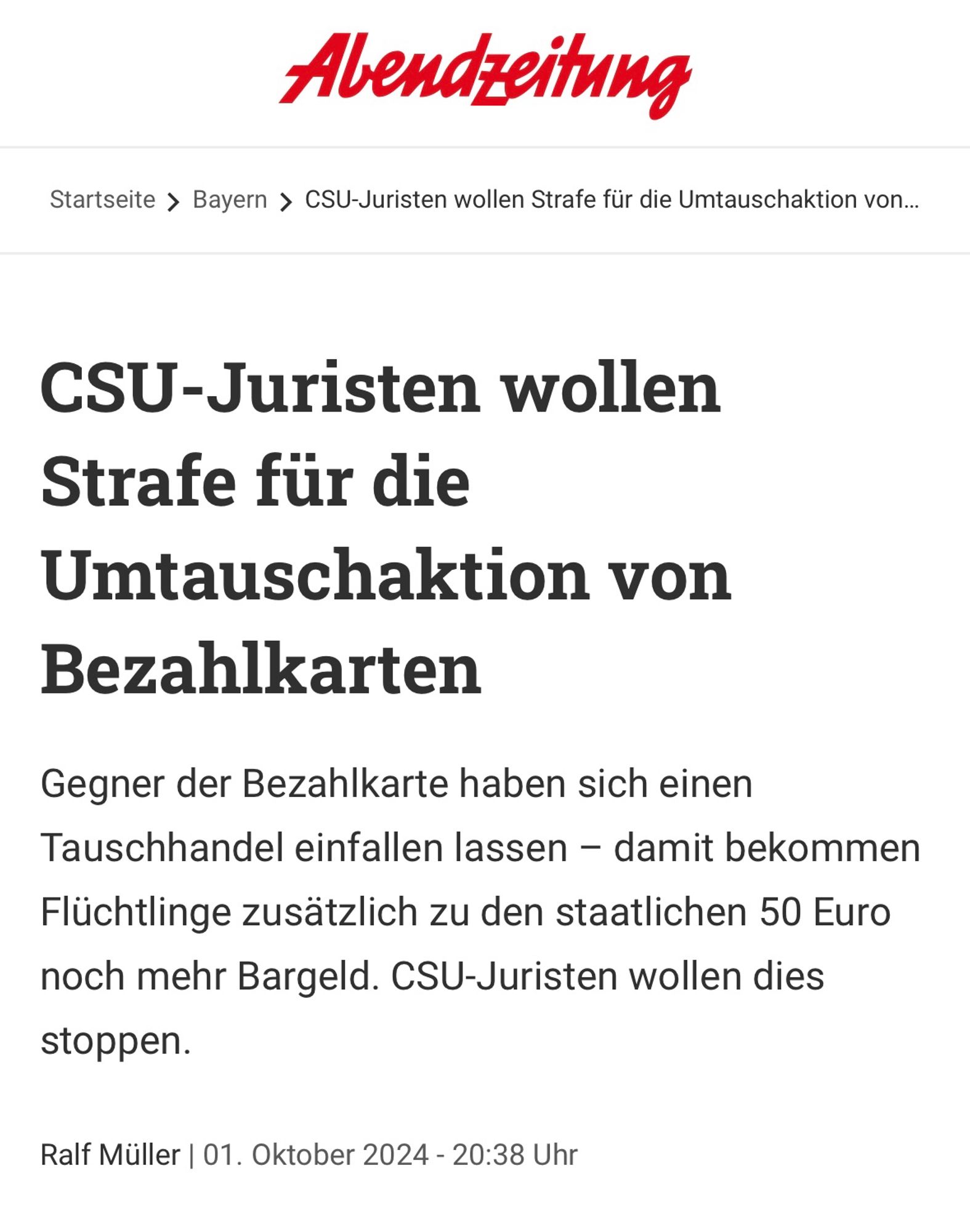 SU-Juristen wollen Strafe für die Umtauschaktion von Bezahlkarten

Gegner der Bezahlkarte haben sich einen Tauschhandel einfallen lassen – damit bekommen Flüchtlinge zusätzlich zu den staatlichen 50 Euro noch mehr Bargeld. CSU-Juristen wollen dies stoppen.