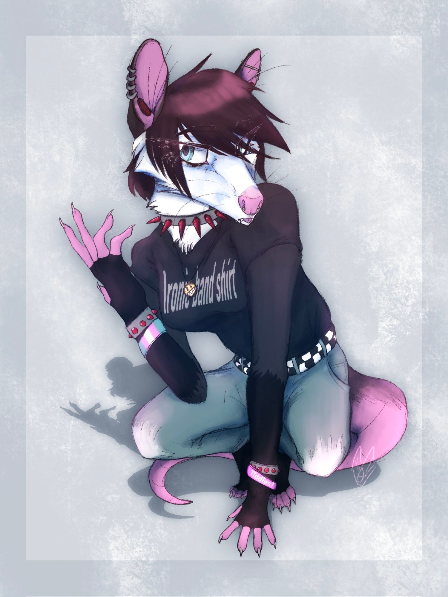 an anthro oppossum in emo clothes. Her shirt says "Ironic Band Shirt"