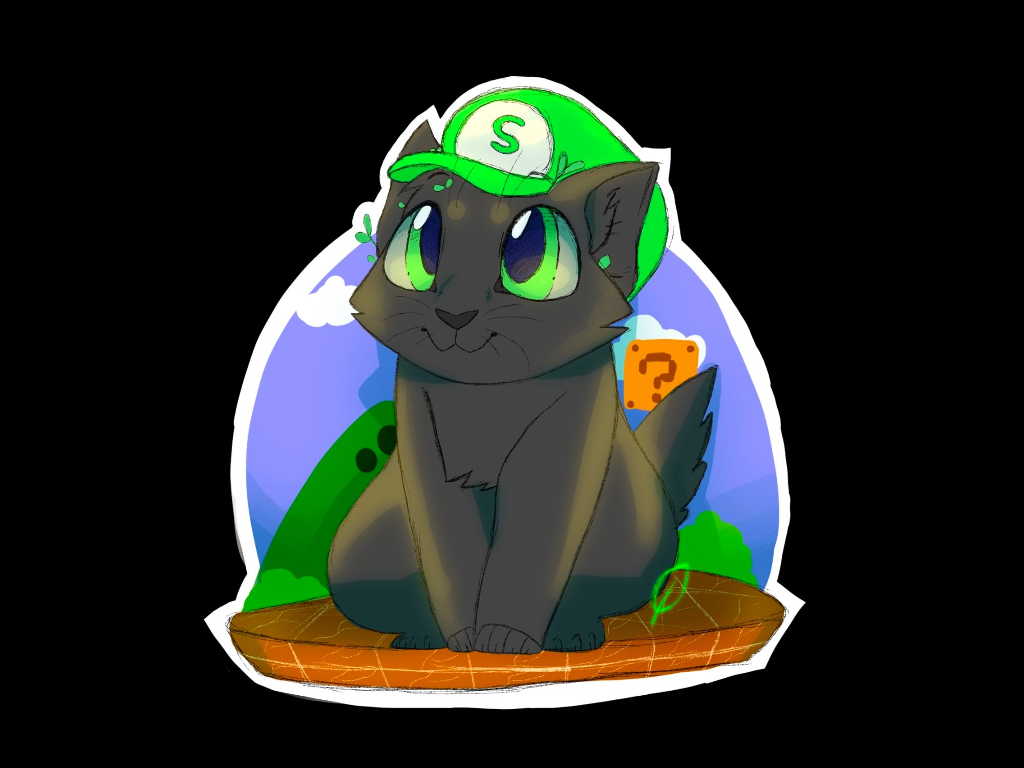 Sprout, a black kitten, in a green Mario-like hat. The background is the colors of the original NES game