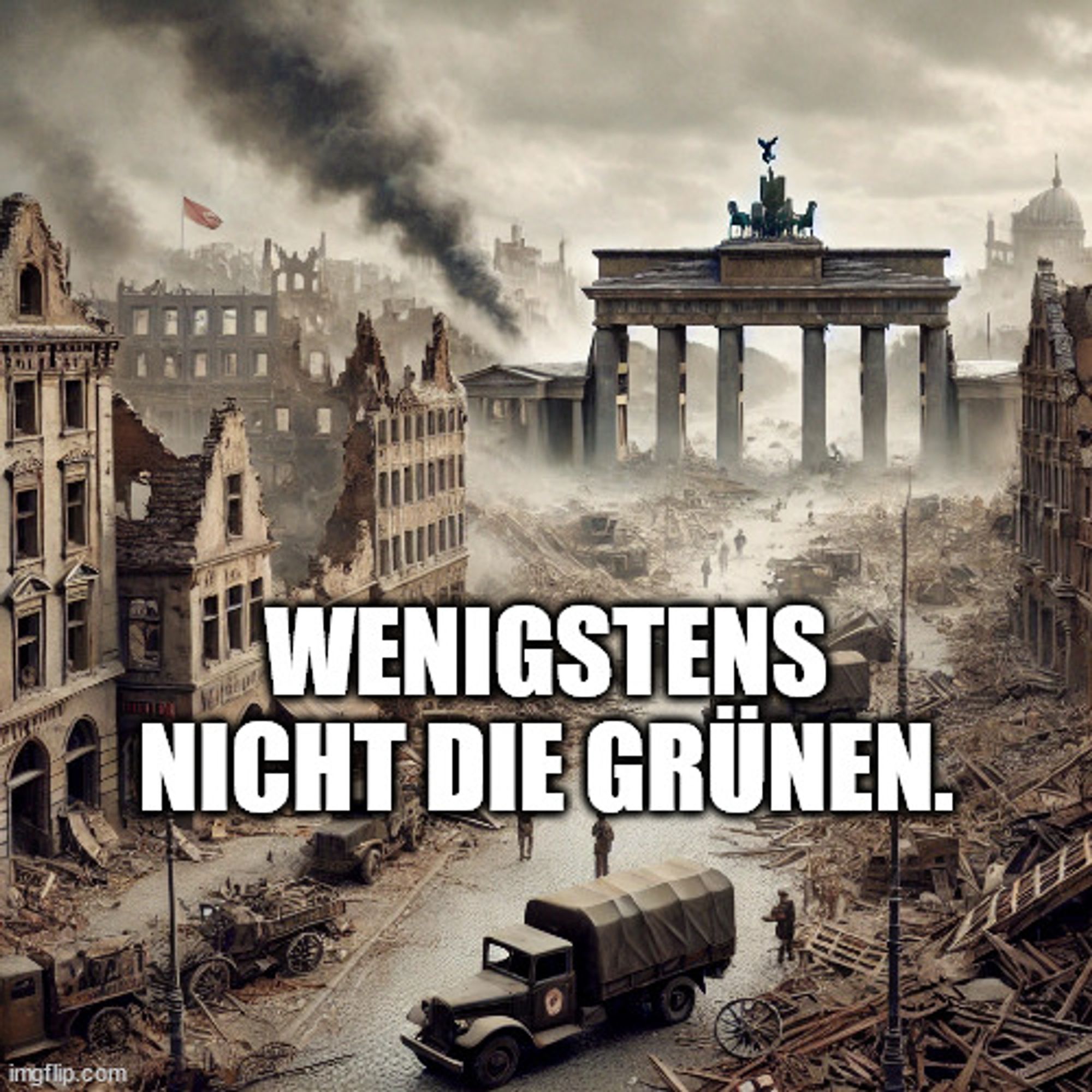 AI-generiertes Bild von Berlin 1945. Aufschrift: "Wenigstens nicht die Grünen."