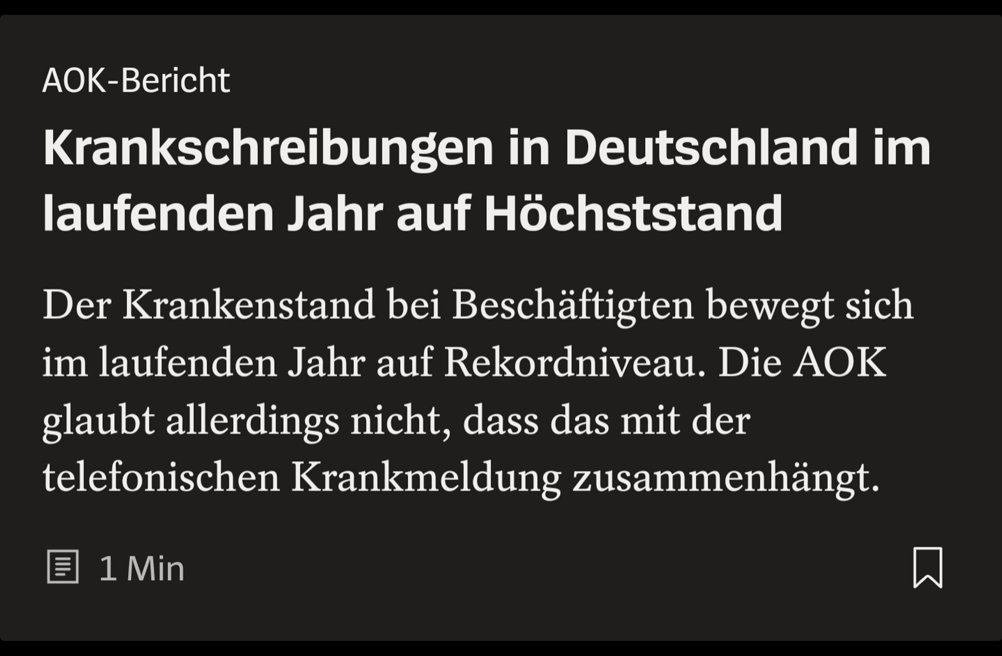 Krankschreibungen in Deutschland im laufenden Jahr auf Höchststand
Der Krankenstand bei Beschäftigten bewegt sich im laufenden Jahr auf Rekordniveau. Die AOK glaubt allerdings nicht, dass das mit der telefonischen Krankmeldung zusammenhängt.