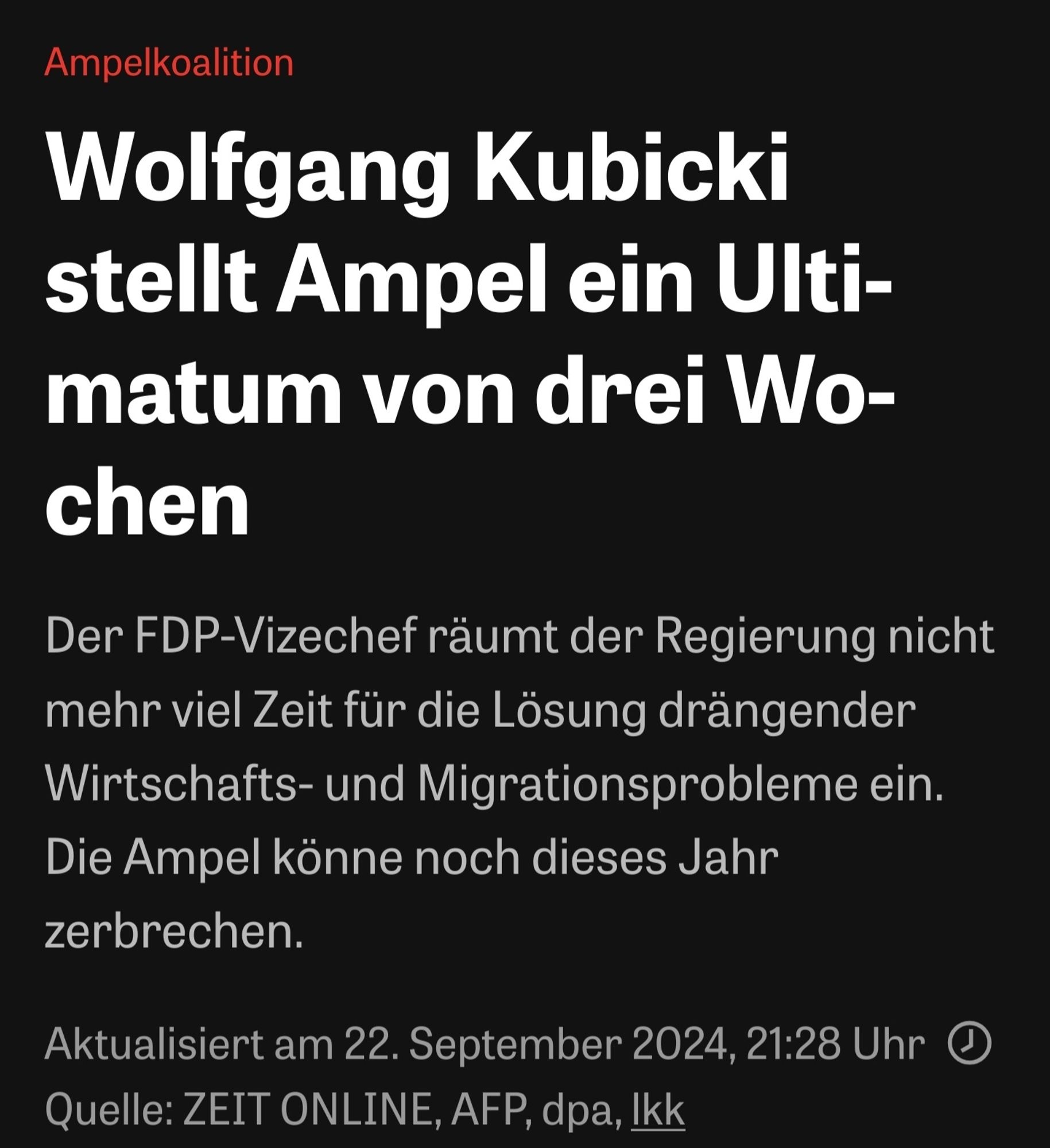 Wolfgang Kubicki stellt Ampel ein Ultimatum von drei Wochen
Der FDP-Vizechef räumt der Regierung nicht mehr viel Zeit für die Lösung drängender Wirtschafts- und Migrationsprobleme ein. Die Ampel könne noch dieses Jahr zerbrechen.