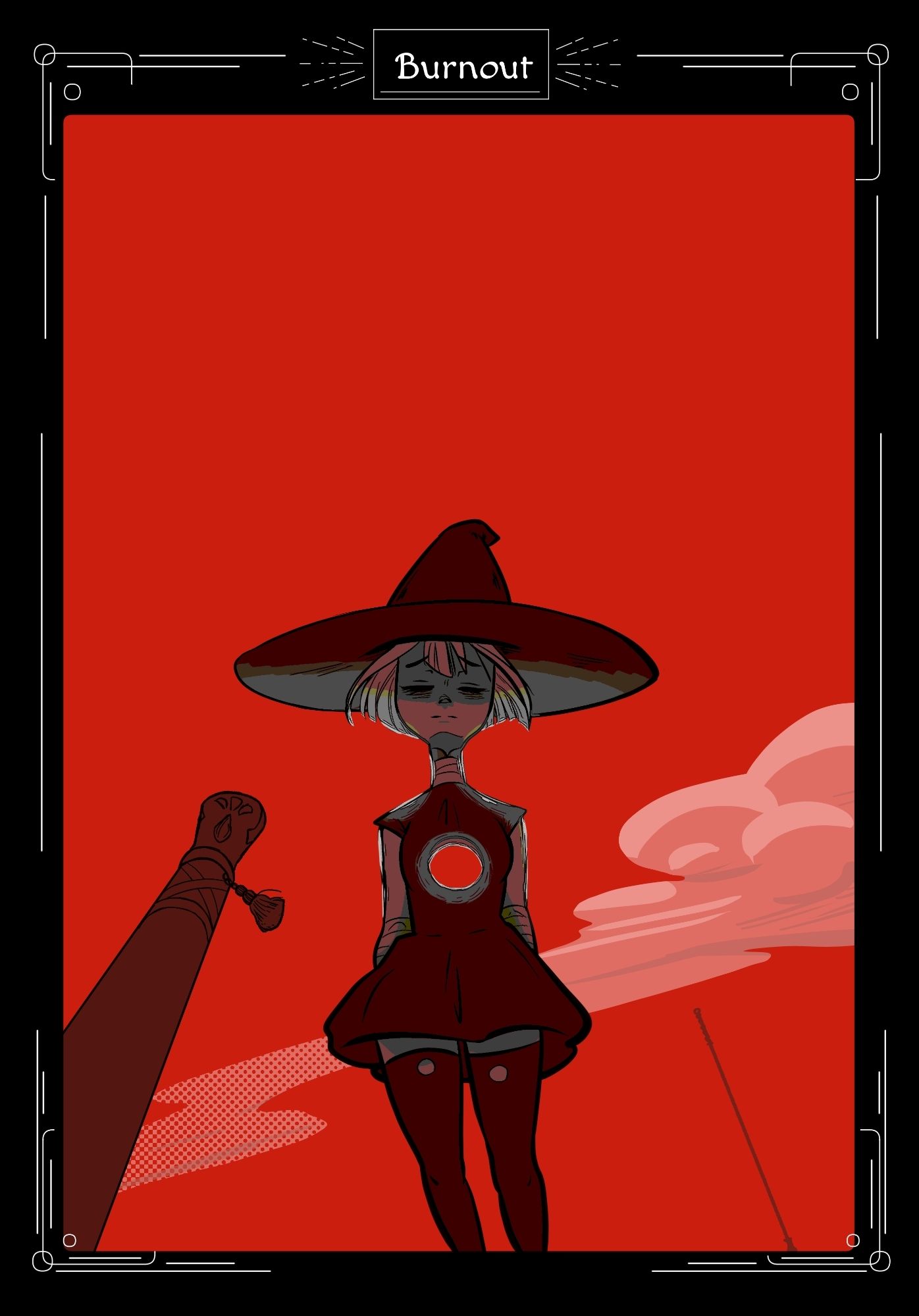 A digital illustration of a young woman wearing a broad witch hat. She stands against a red sky background and has an eerie hole in her chest. Around her, some spears stick out of the ground.